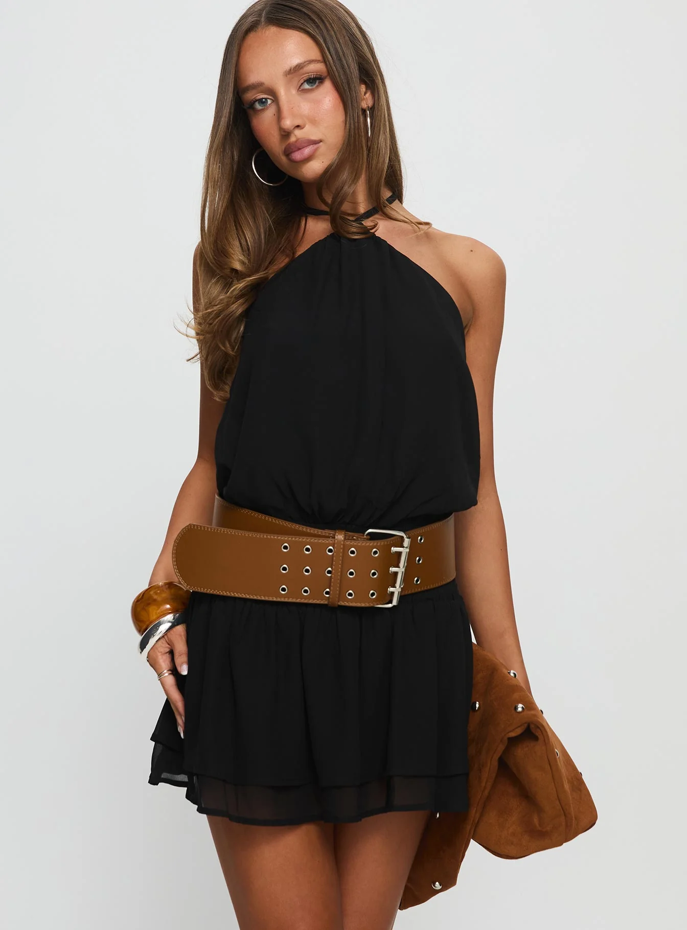 Khamira Halter Shirred Mini Dress Black