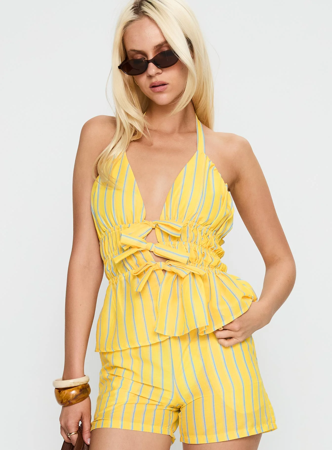 Delicacy Tie Detail Top Yellow Stripe