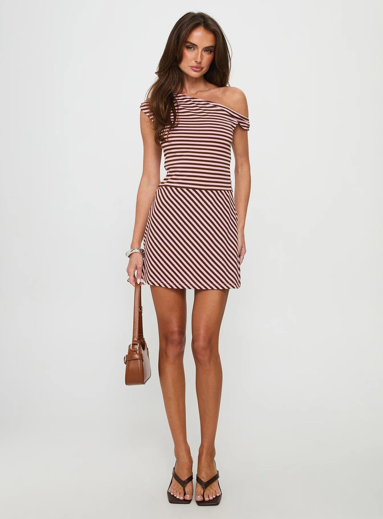 My Fun Off Shoulder Jersey Mini Dress Pink / Brown Stripe