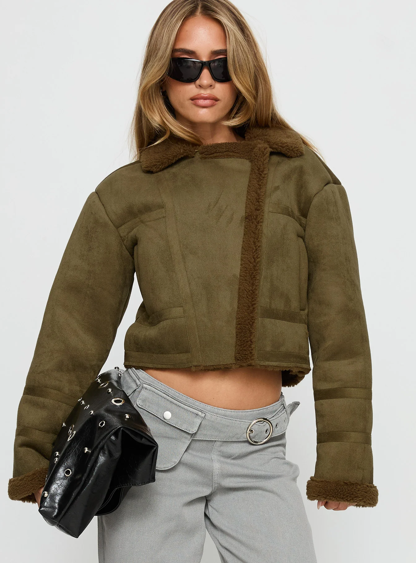 Swooning Cropped Faux Suede Jacket Green