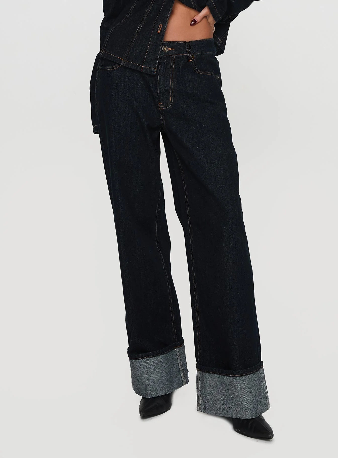 Top Model Low Rise Straight Leg Cuffed Jean Dark Denim