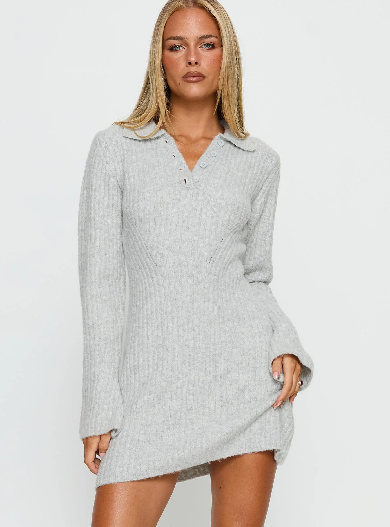 Naloma Knit Long Sleeve Mini Dress Grey Marle
