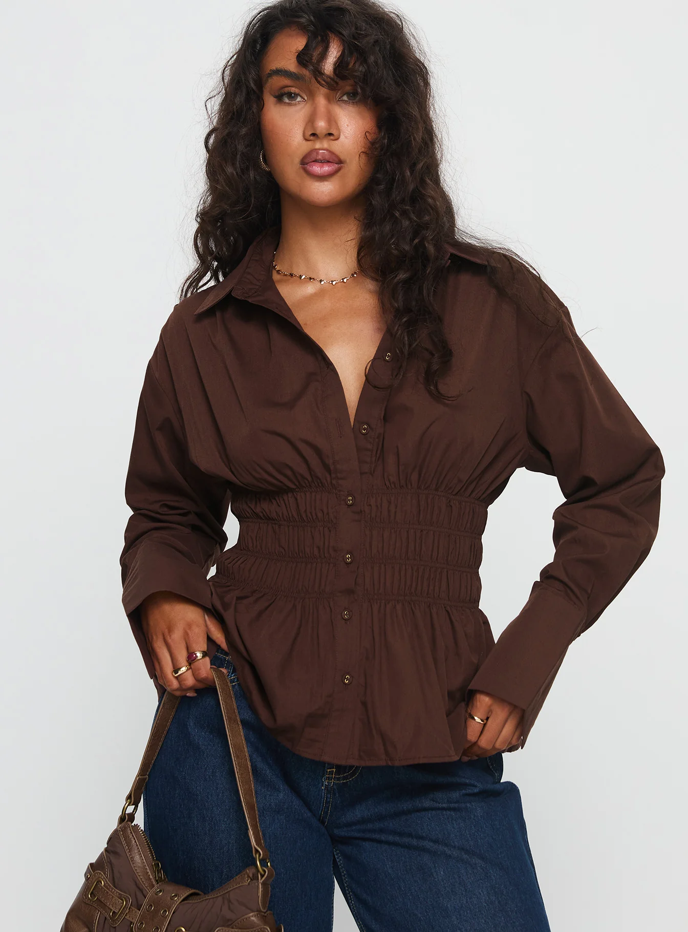 As You Are Shirred Button Up Top Chocolate