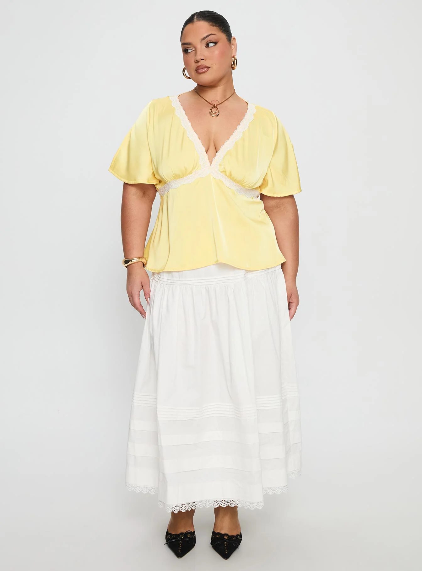 For The Summer Lace Trim Top Yellow Curve