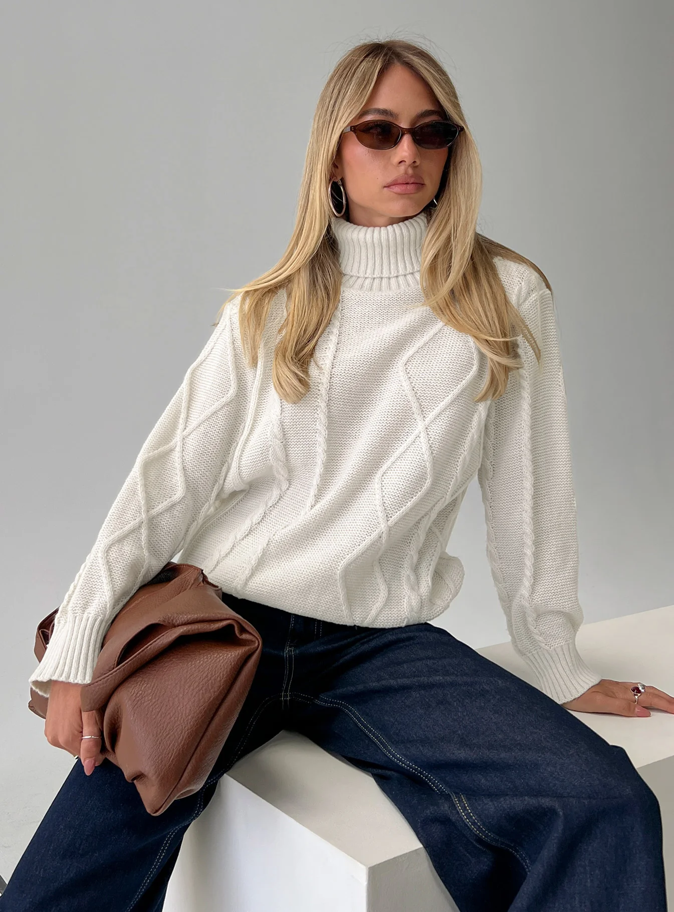 Tarynne Cable Knit Turtle Neck Sweater Beige