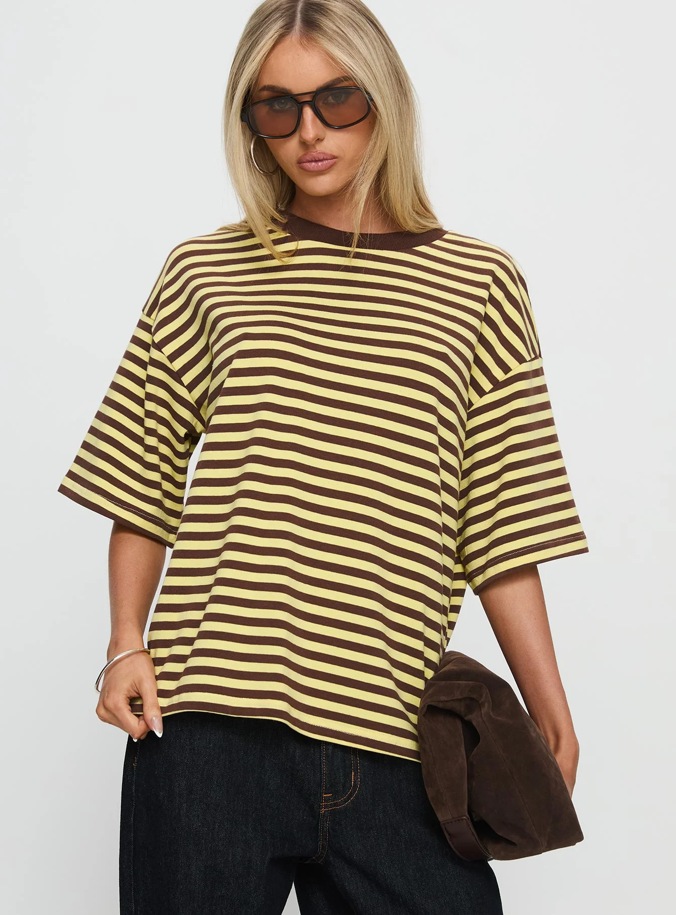 Settle Down Short Sleeve Top Yellow / Brown Stripe