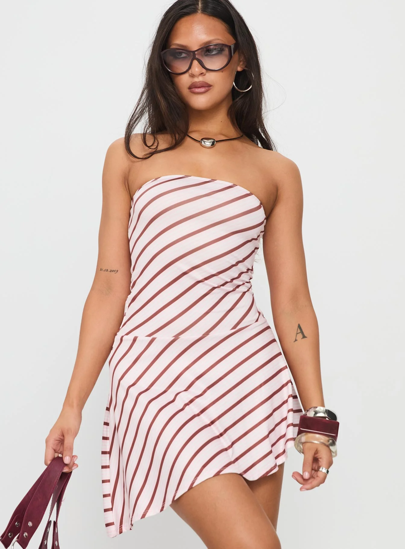 Kagari Dress Diagonal Stripe Pink