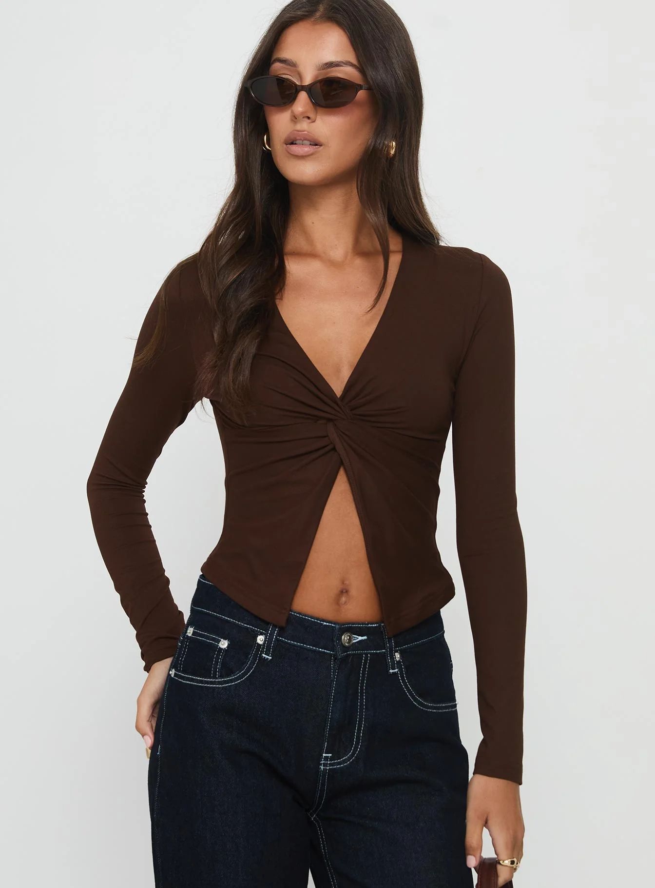 No Hard Feelings Twist Long Sleeve Top Brown