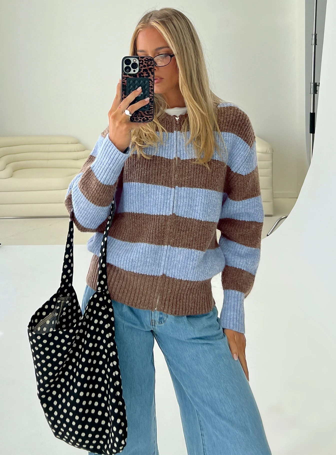 Queena Zip Through Knit Sweater Blue Stripe