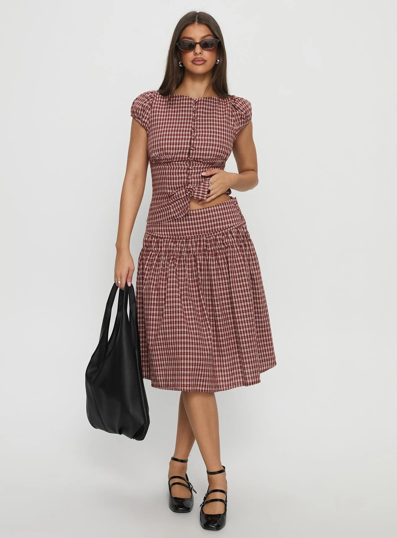 Alixandra Ruched Midi Skirt Red Check