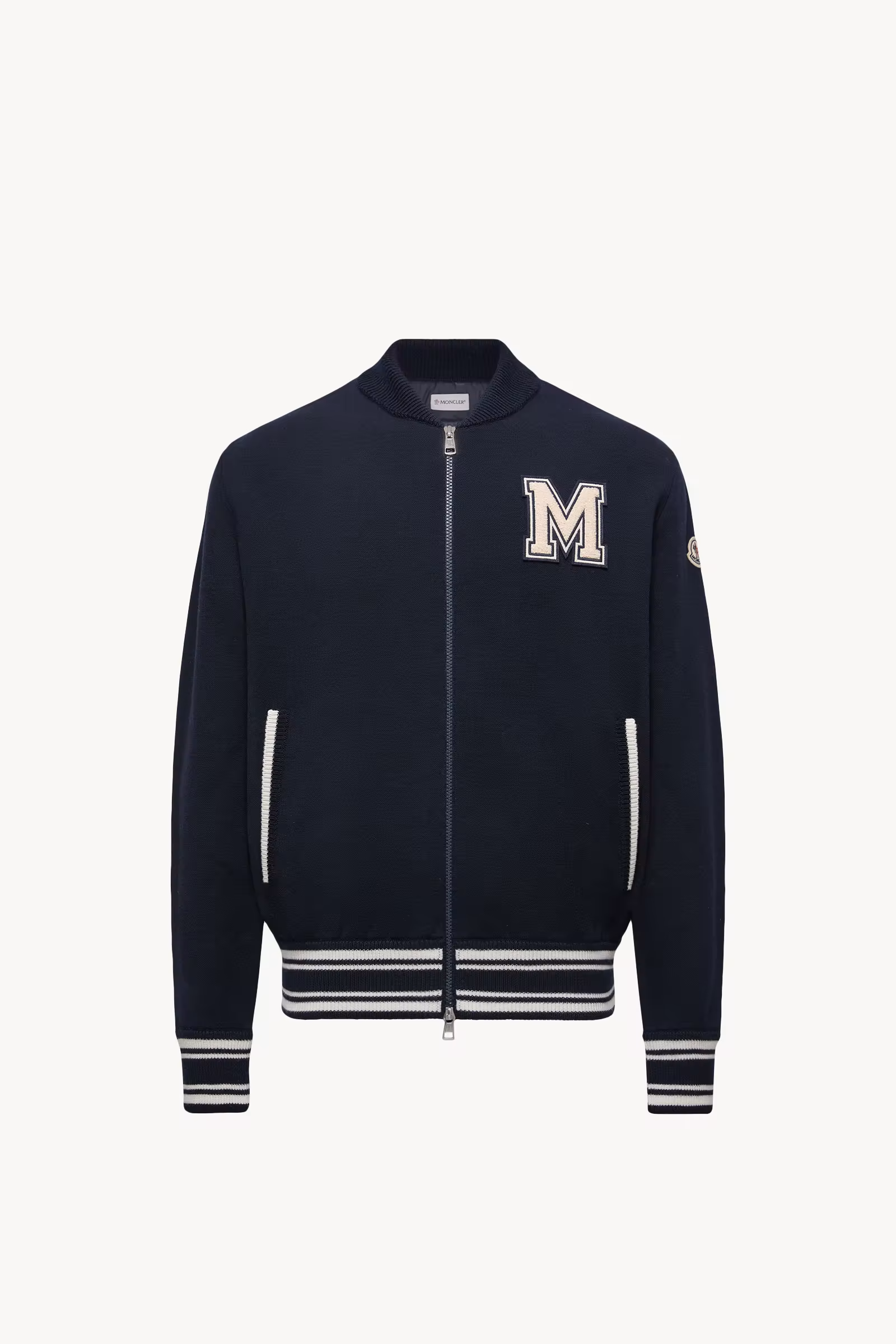 Embroidered Monogram Padded Zip-Up Wool Blend Cardigan