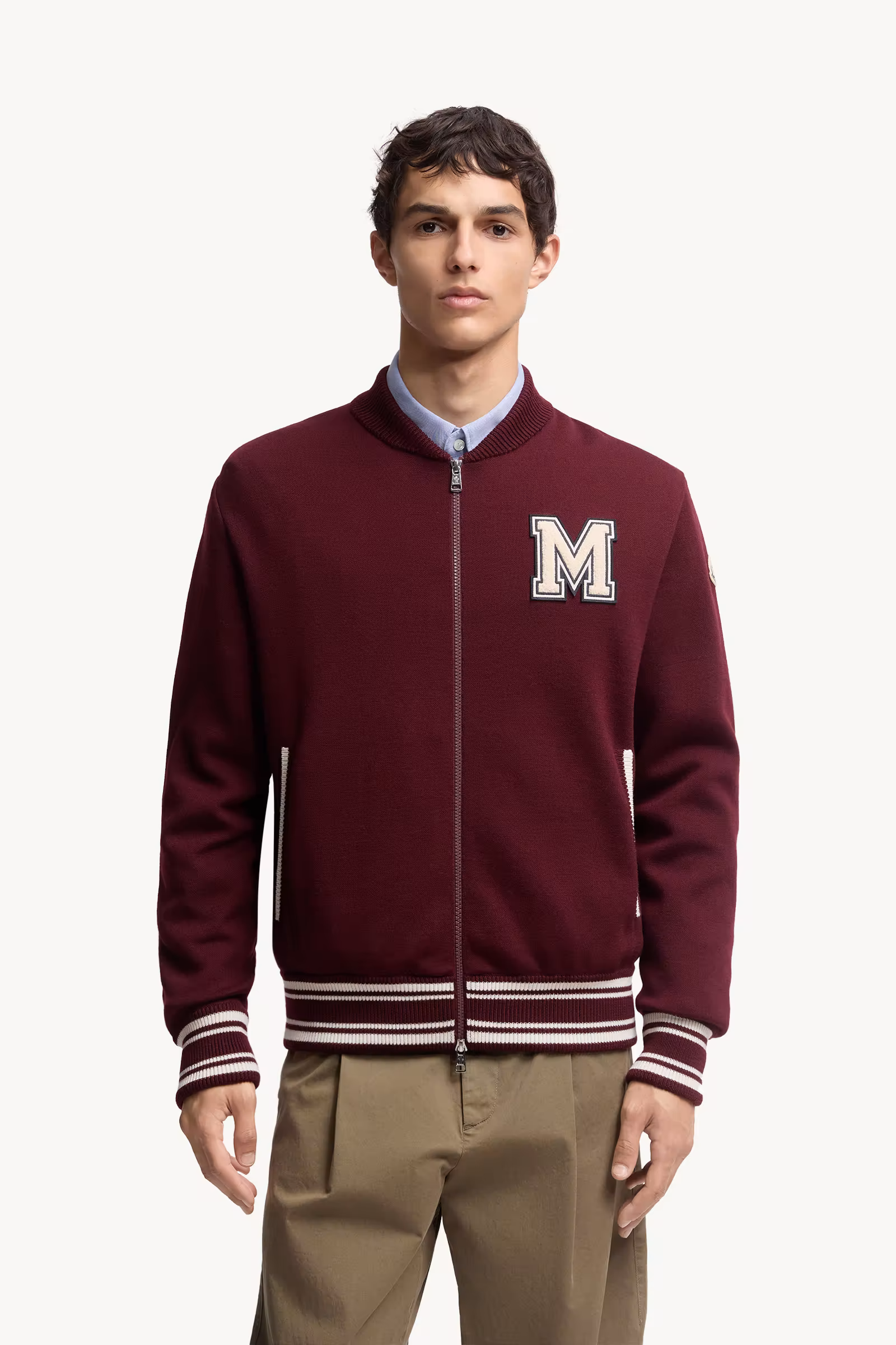 Embroidered Monogram Padded Zip-Up Wool Blend Cardigan