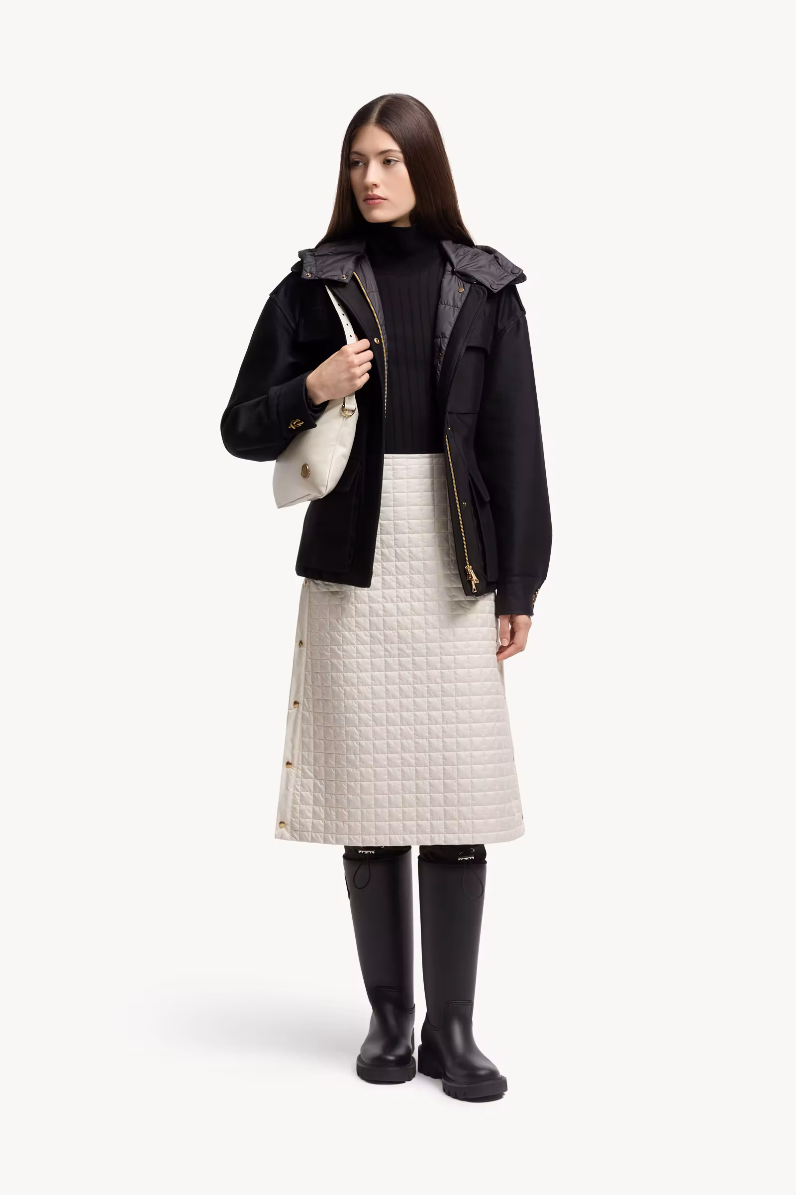 Square-Quilted Padded Midi Skirt