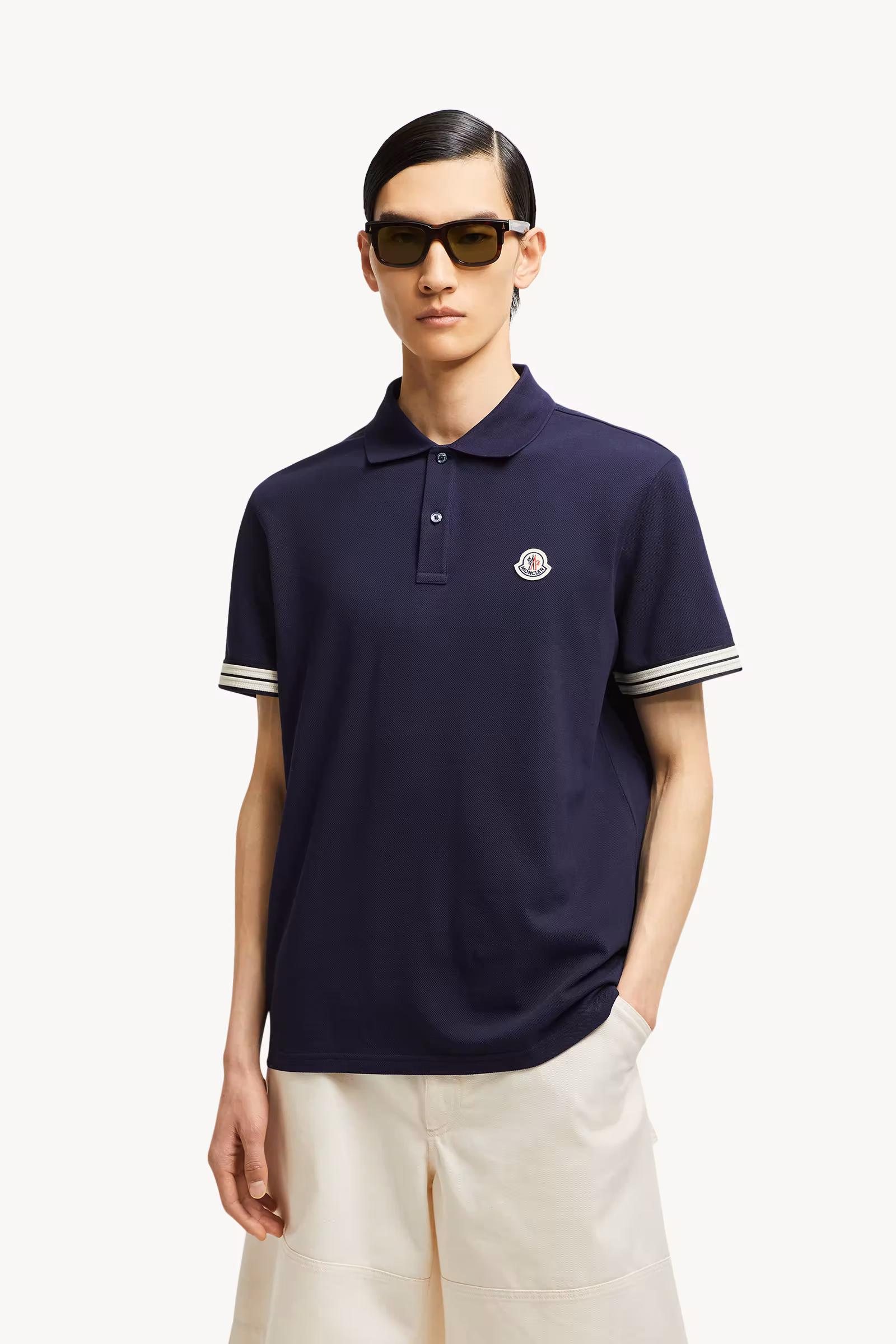 Striped Trim Cotton Piquet Polo Shirt