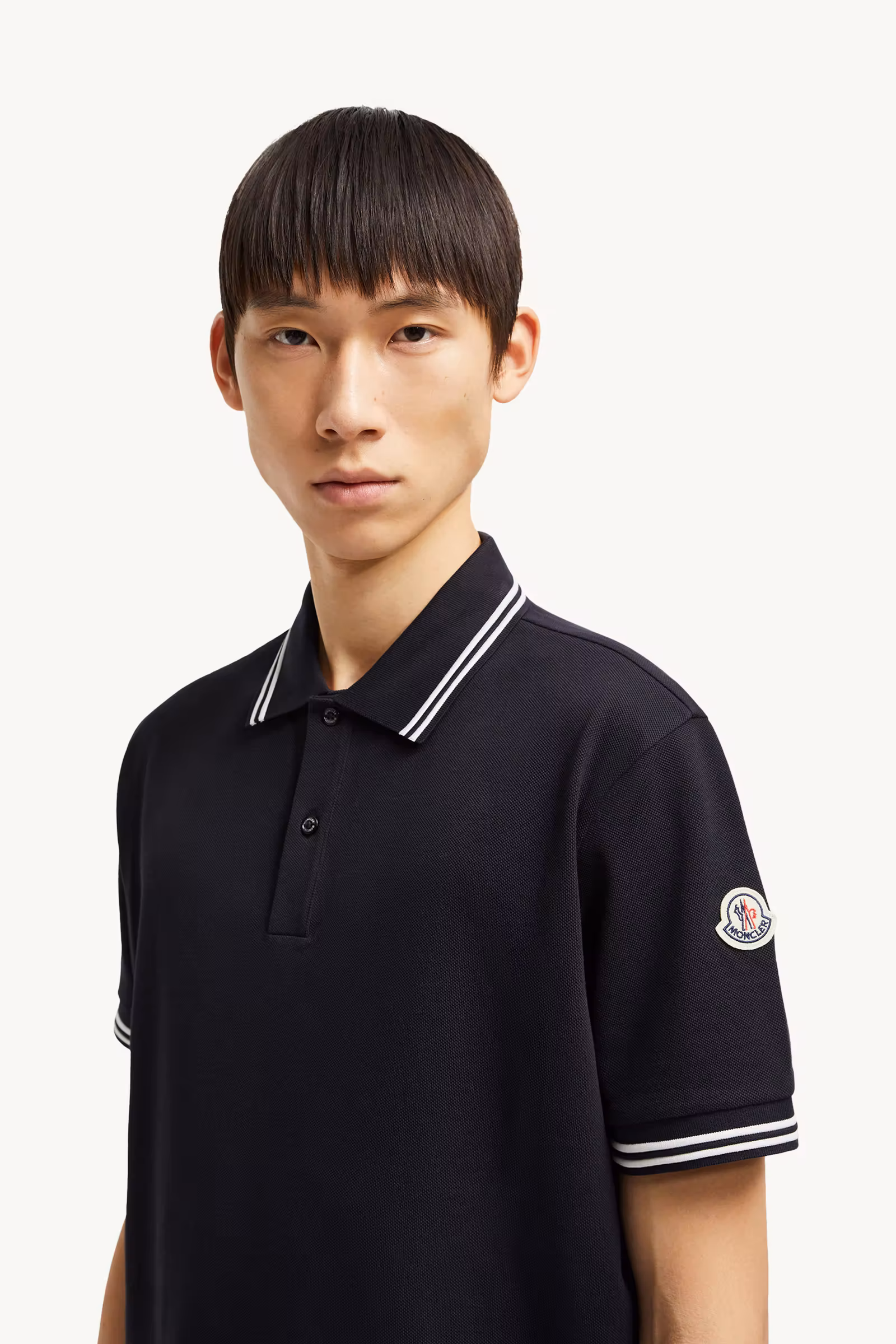 Striped Trim Cotton Piquet Polo Shirt