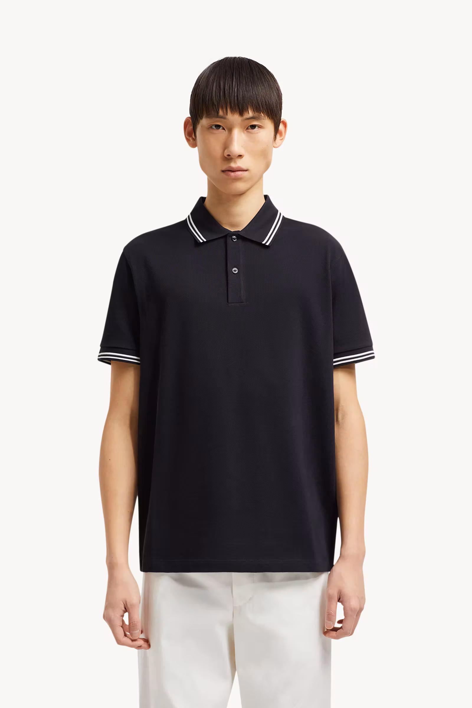 Striped Trim Cotton Piquet Polo Shirt