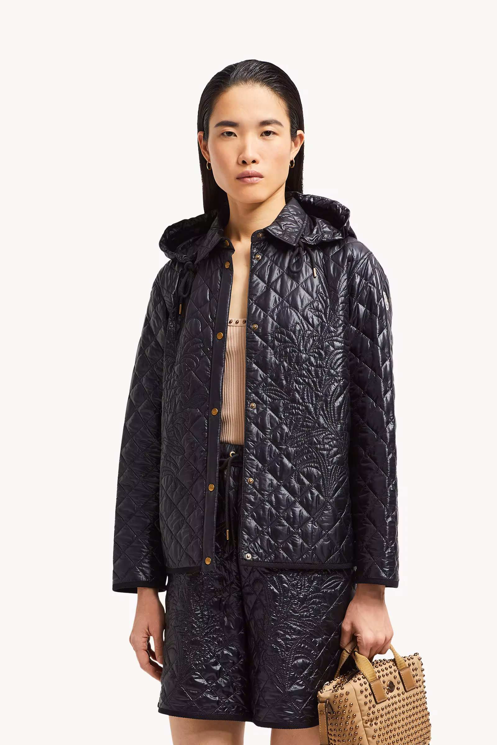 Floral-Quilted Hooded Shirt Jacket