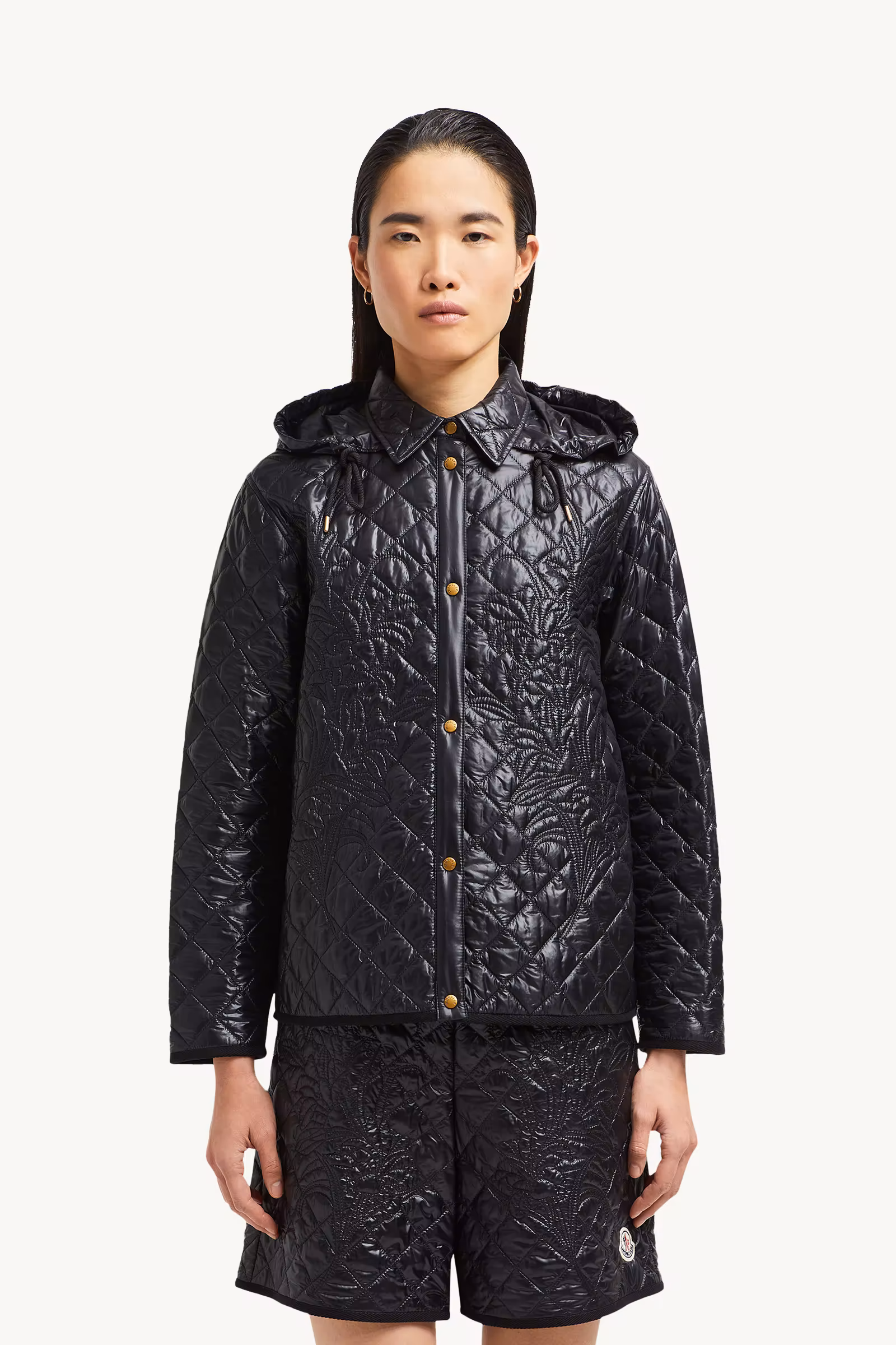 Floral-Quilted Hooded Shirt Jacket