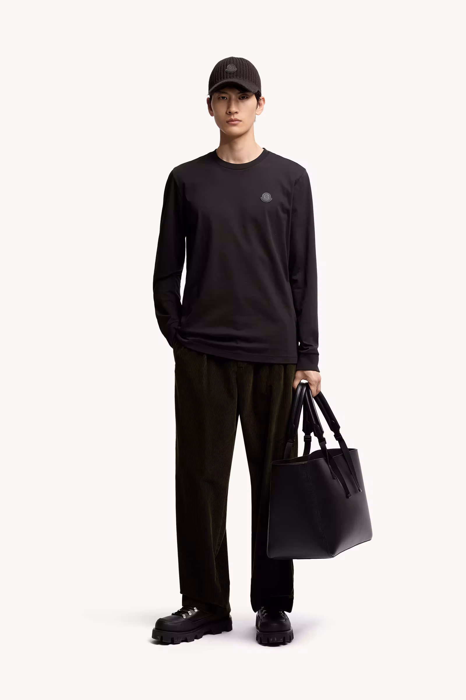 Leather Logo Long Sleeve Cotton T-Shirt