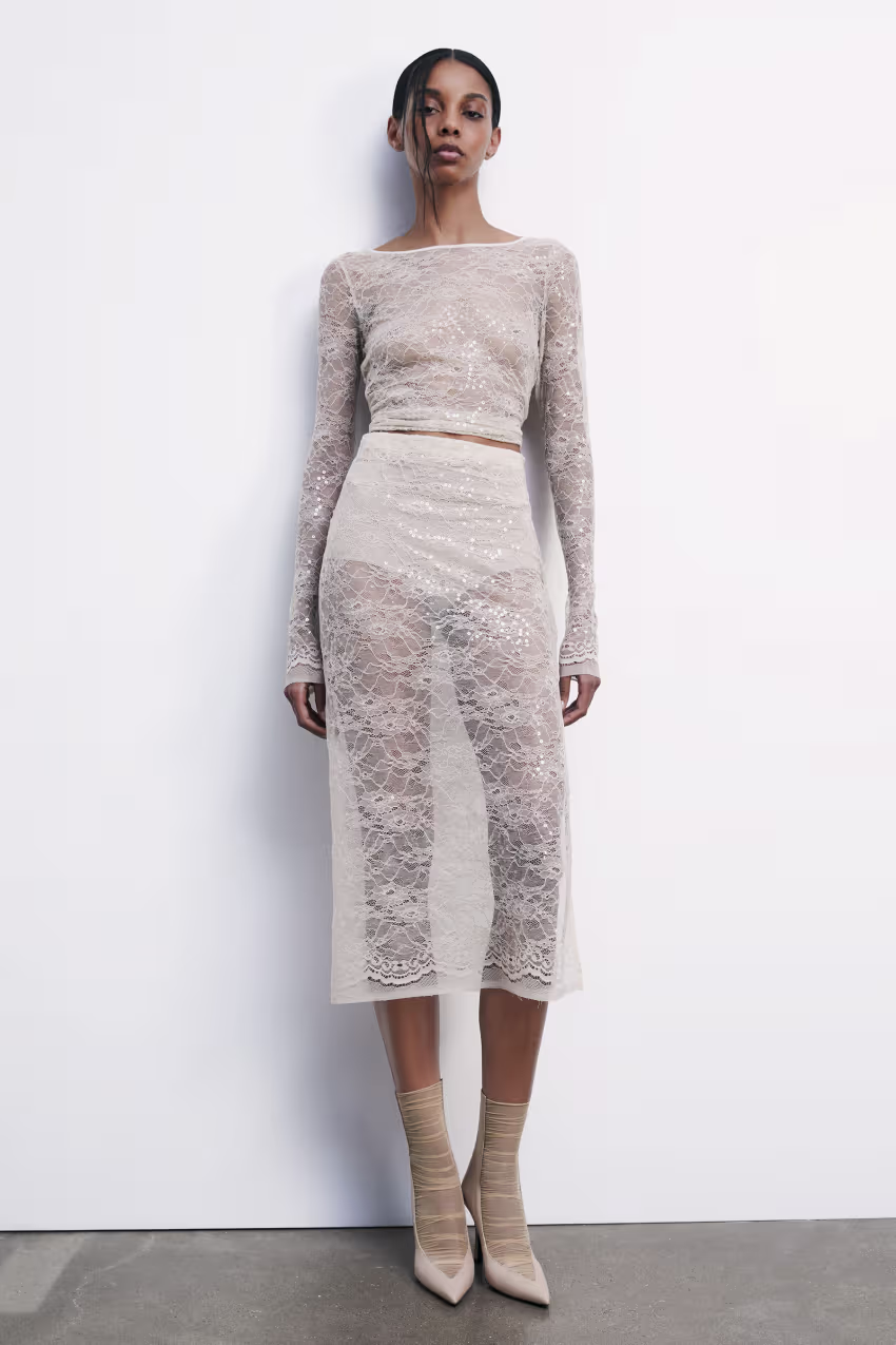 Gonna midi in pizzo con paillettes