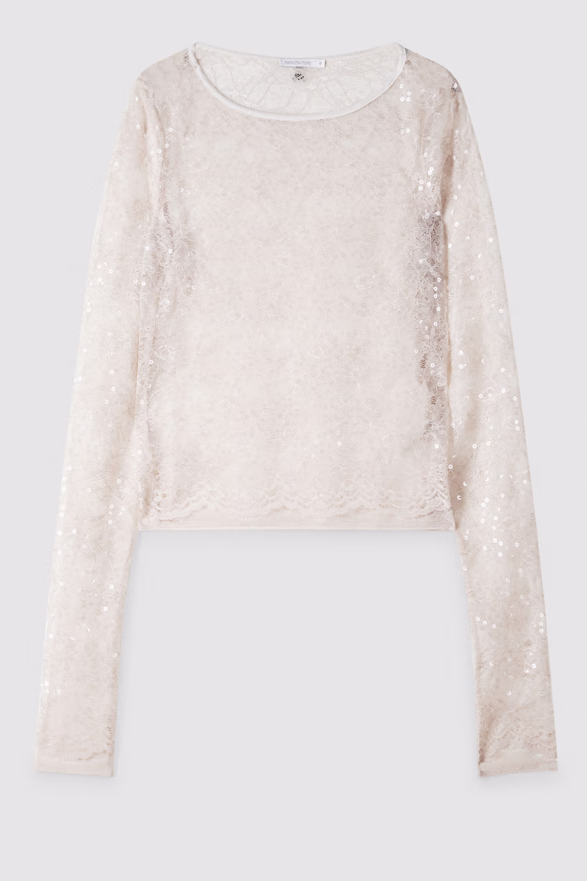 Top a maniche lunghe in pizzo con paillettes
