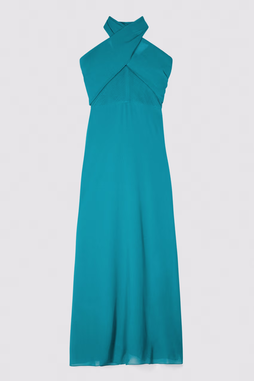 Abito lungo plissettato con scollo incrociato