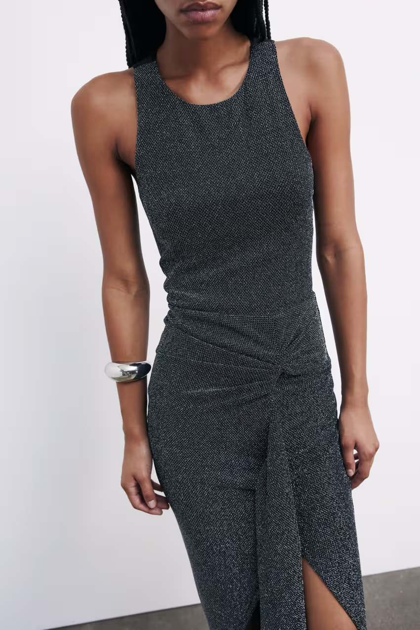 Abito midi in lurex con drappeggio