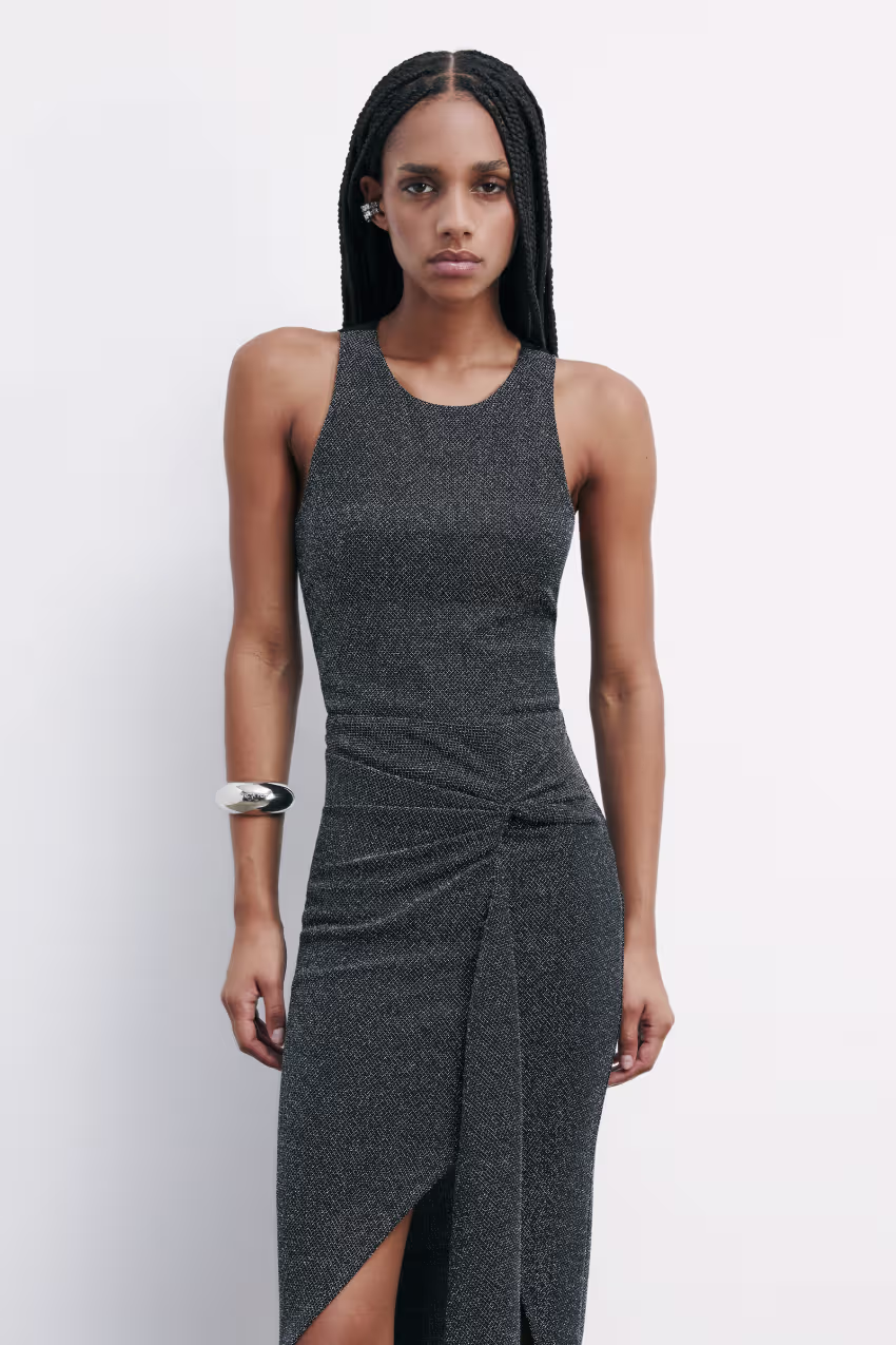 Abito midi in lurex con drappeggio