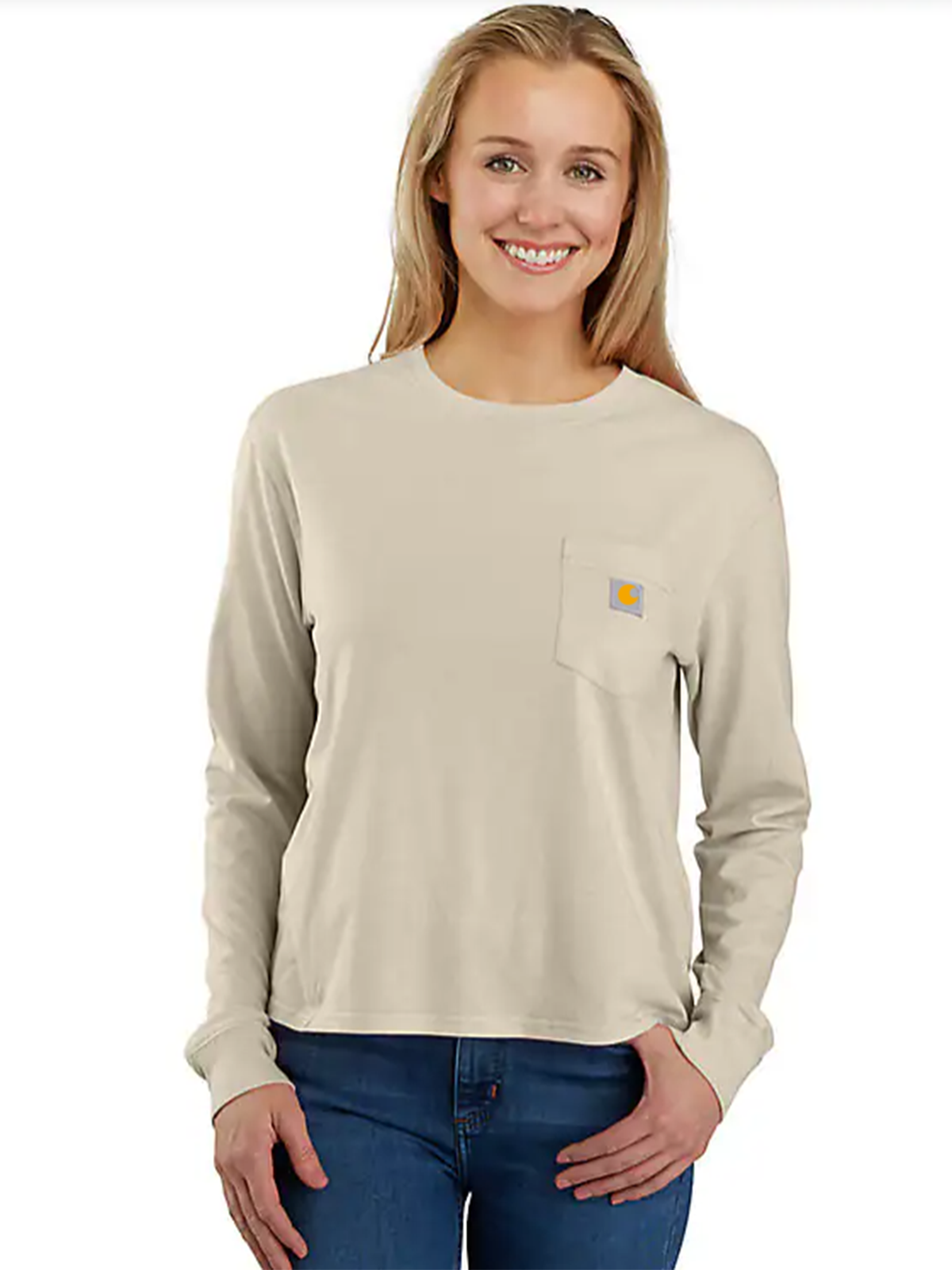 Women's Loose Fit Long-Sleeve Crewneck Pocket T-Shirt