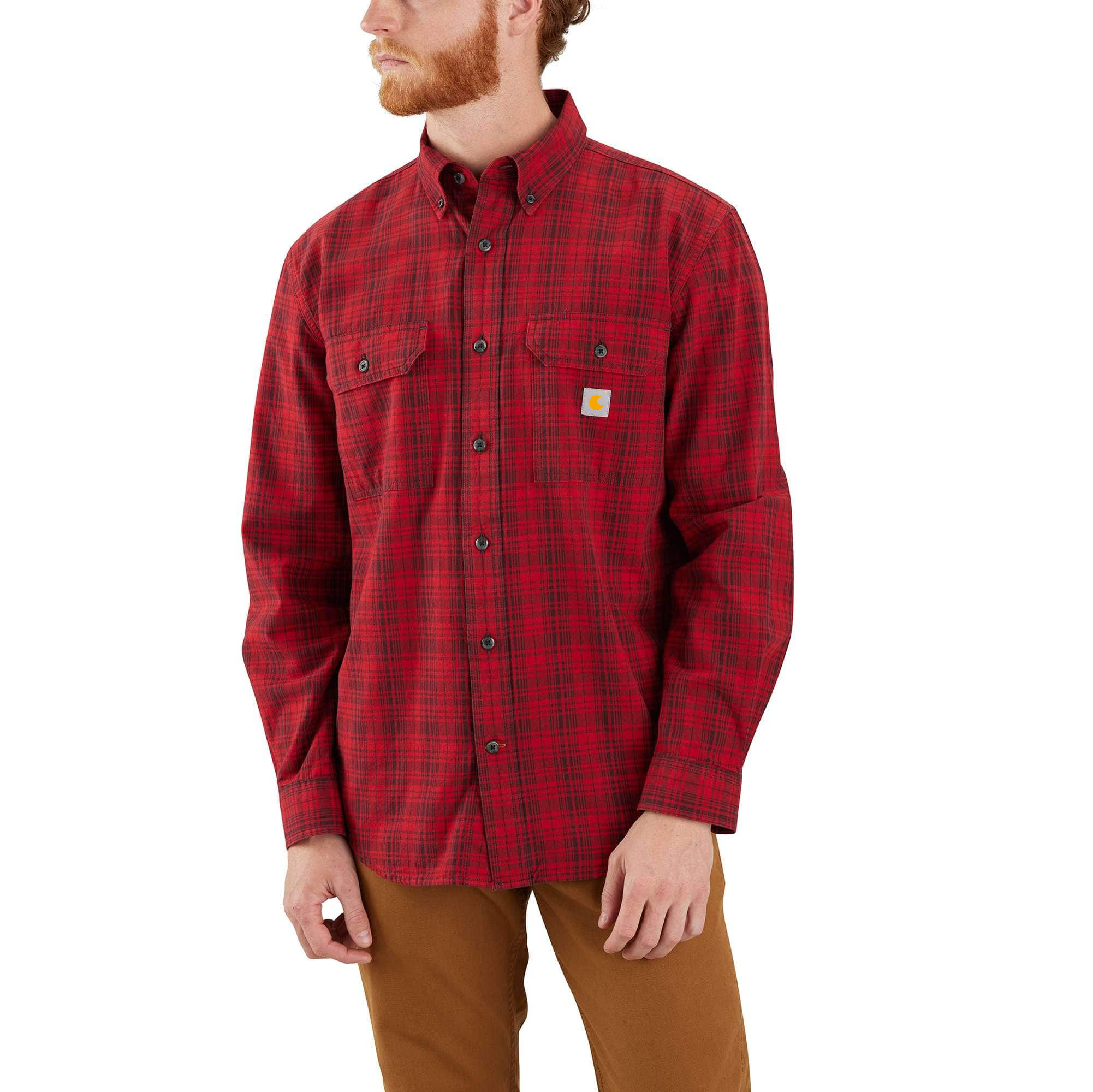 Loose Fit Midweight Chambray Long-Sleeve Plaid Shirt