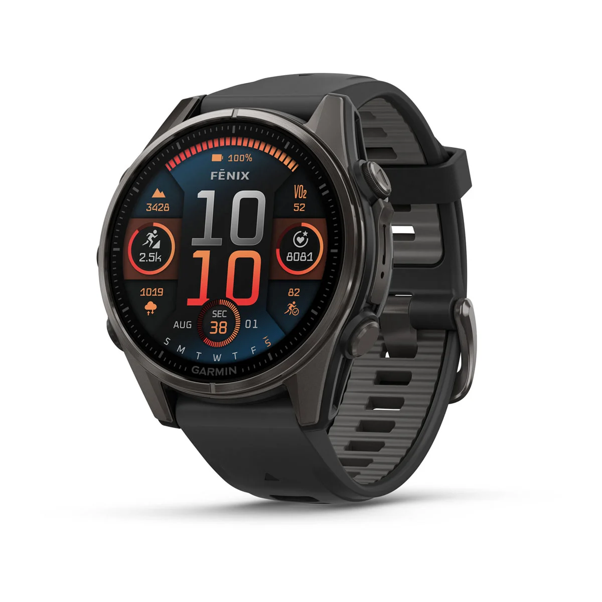 fēnix® 8 – 43 mm, AMOLED Sapphire, Carbon Gray DLC Titanium with Black/Pebble Gray Silicone Band