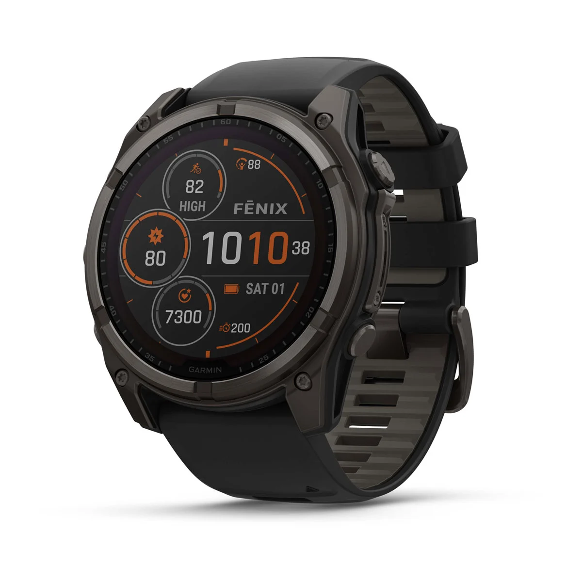 fēnix® 8 – 51 mm, Solar Sapphire, Carbon Gray DLC Titanium with Black/Pebble Gray Silicone Band