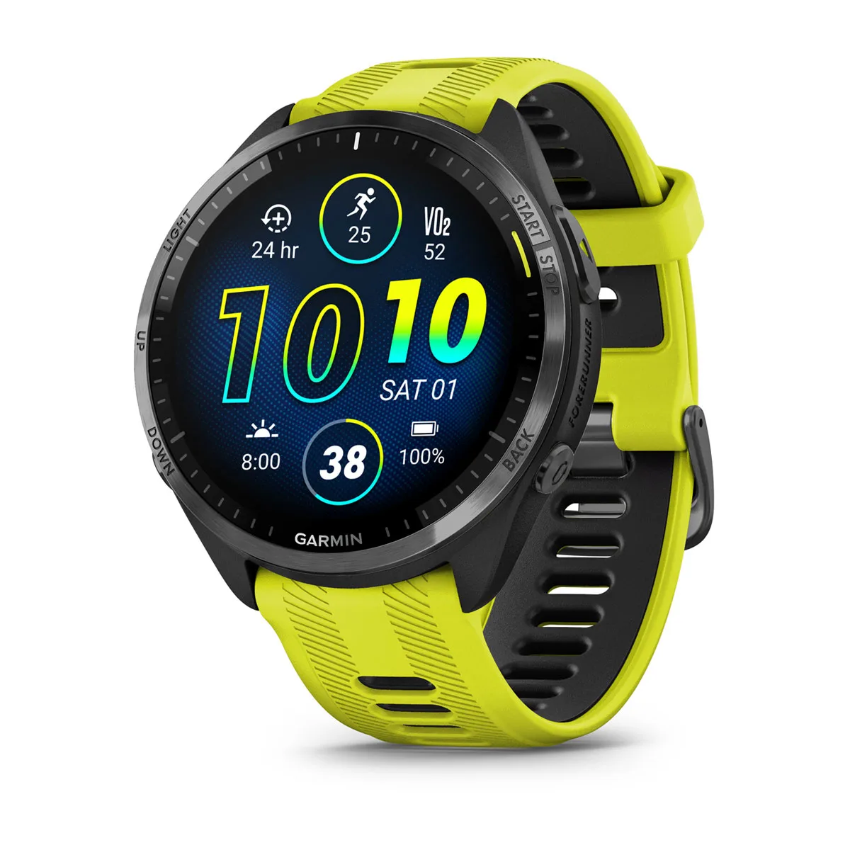 Forerunner® 965 Carbon Gray DLC Titanium Bezel with Black Case and Amp Yellow/Black Silicone Band