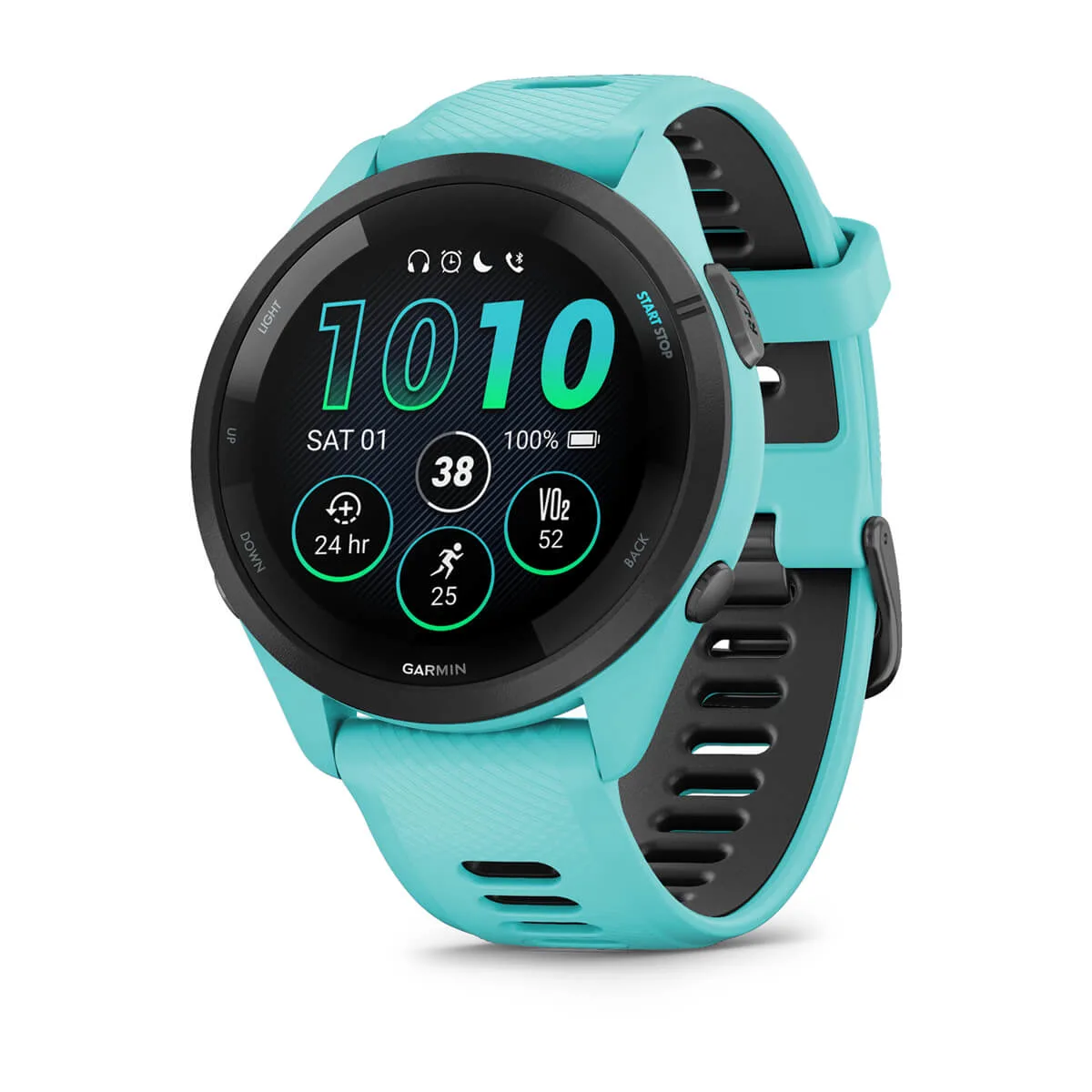 Forerunner® 265 Black Bezel with Aqua Case and Aqua/Black Silicone Band