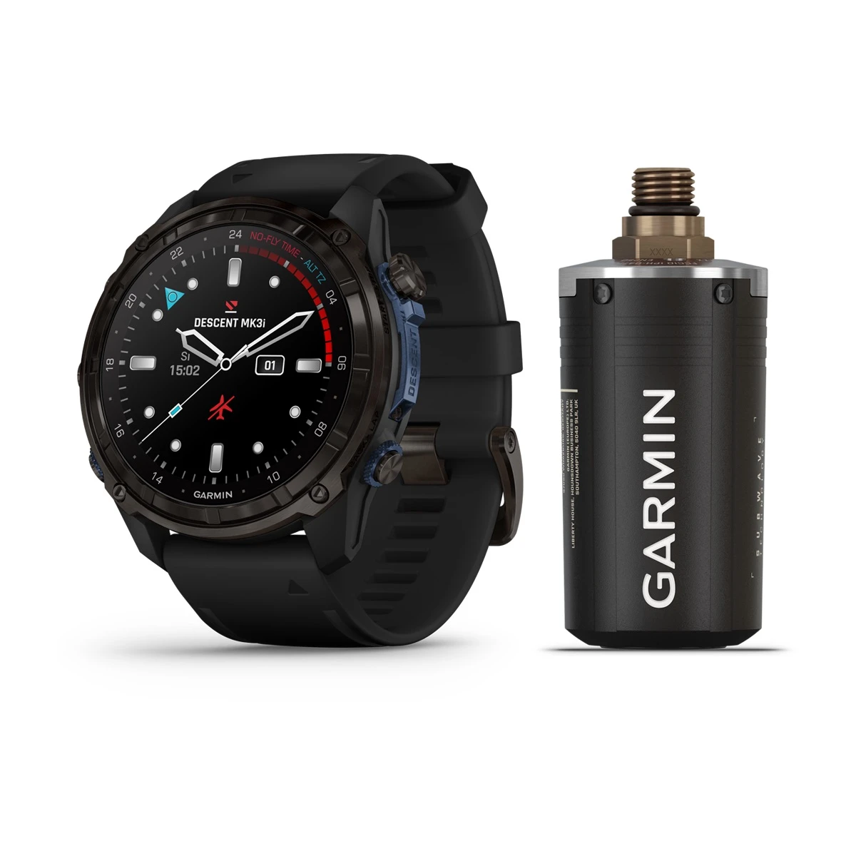 Descent™ Mk3i – 51 mm Carbon Gray DLC Titanium with Black Silicone Band and Descent T2 Transceiver