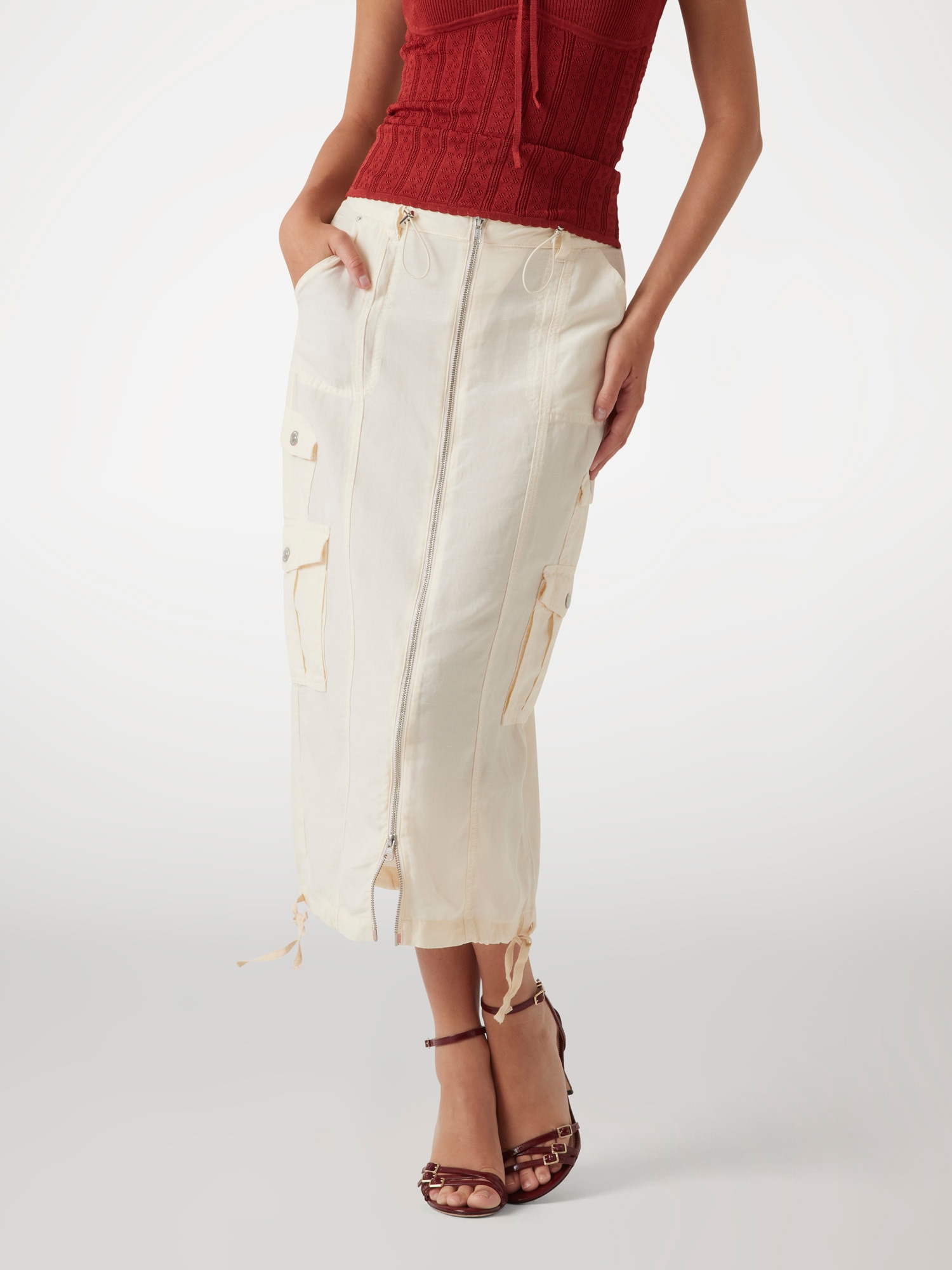 Long linen-blend cargo skirt