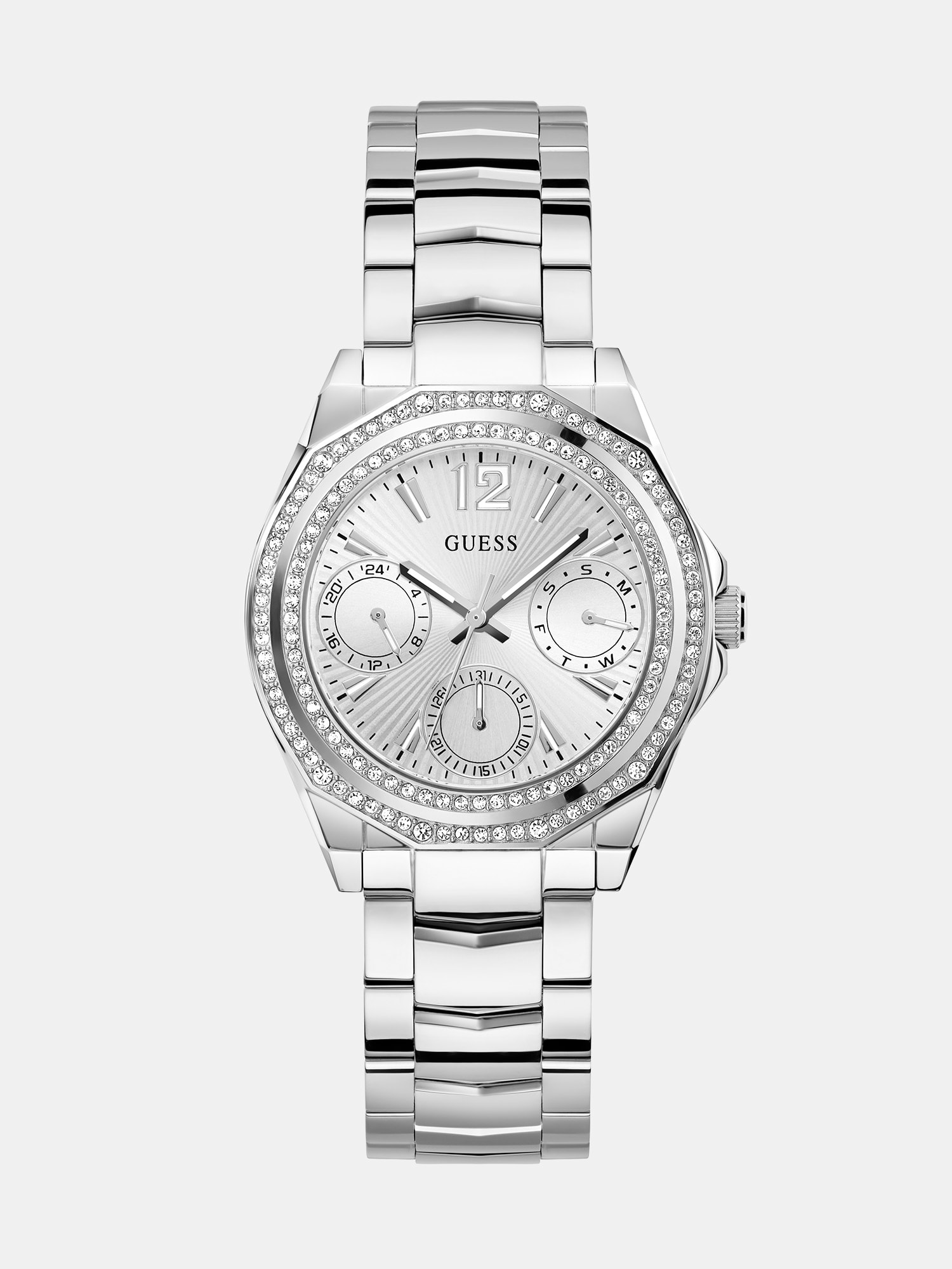 Multi-function watch with crystal appliqué detailing