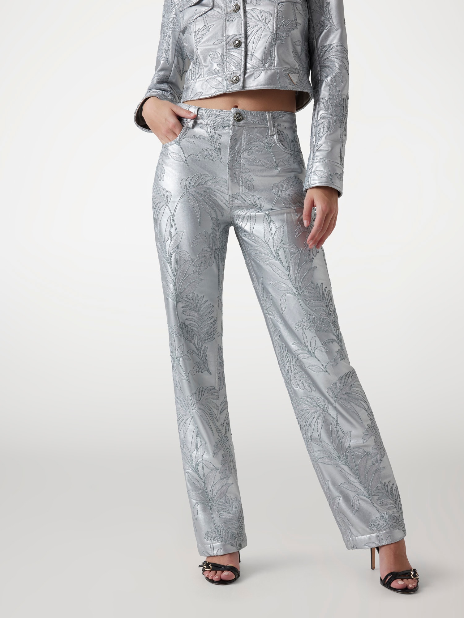 Embroidered faux-leather pants