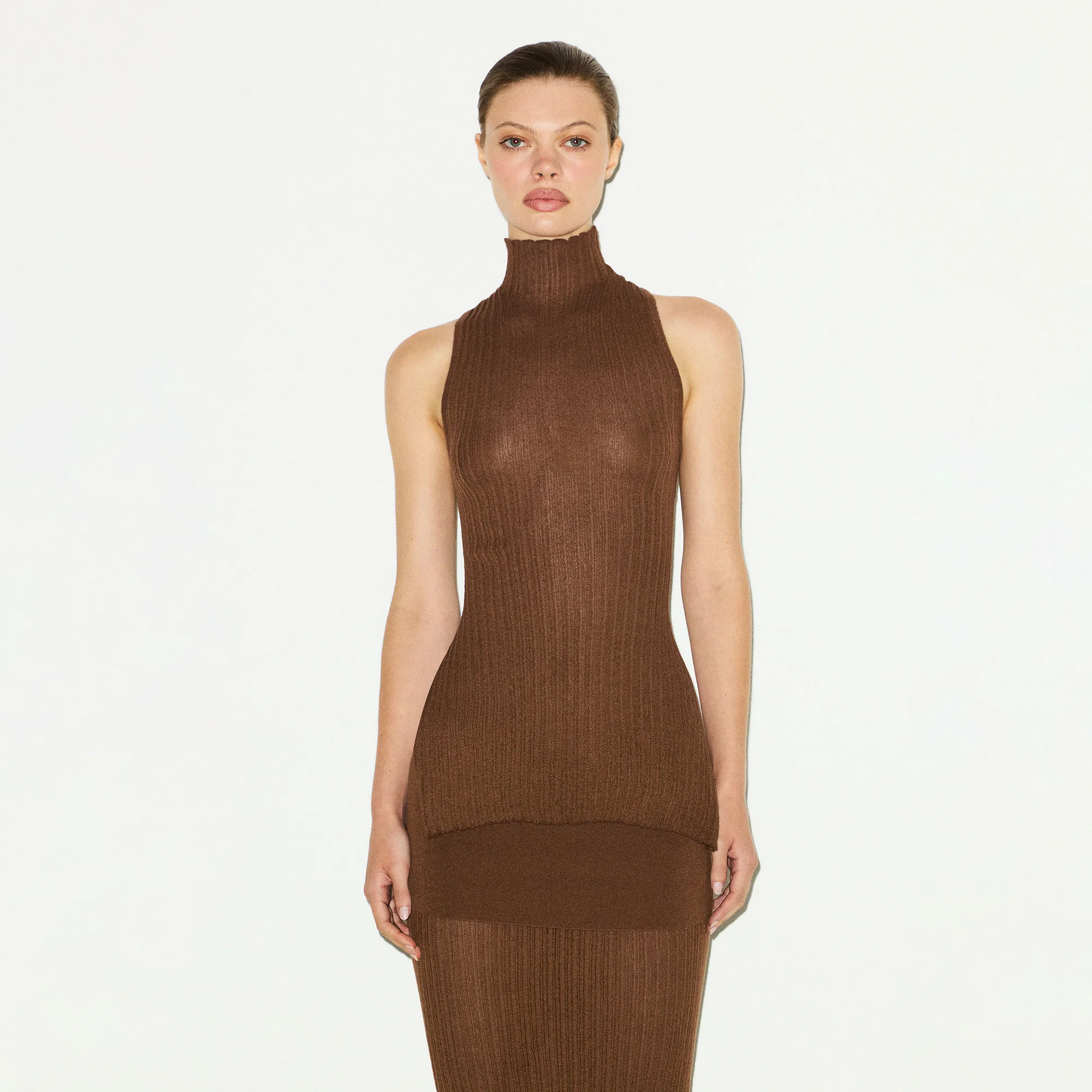 SHEER KNIT MOCK NECK TUNIC | BISON