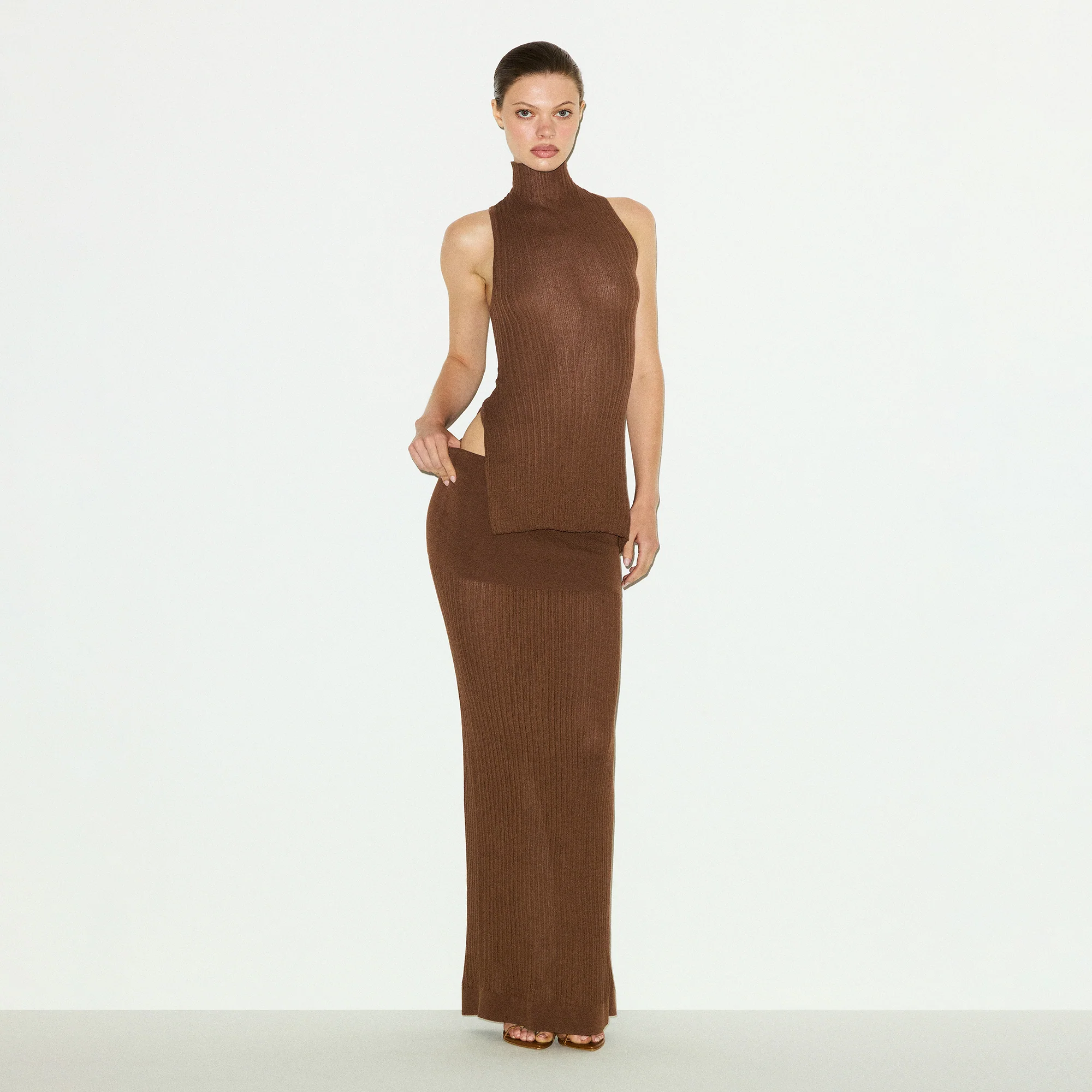 SHEER KNIT FOLDOVER LONG SKIRT | BISON