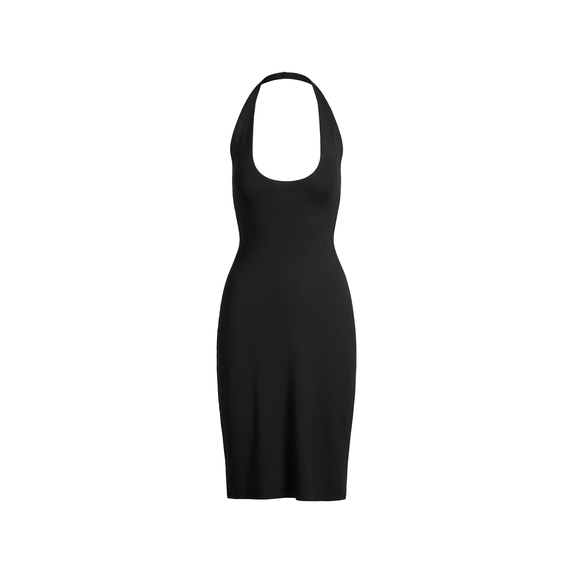 SMOOTH LAYERS PLUNGE HALTER MIDI DRESS | OBSIDIAN