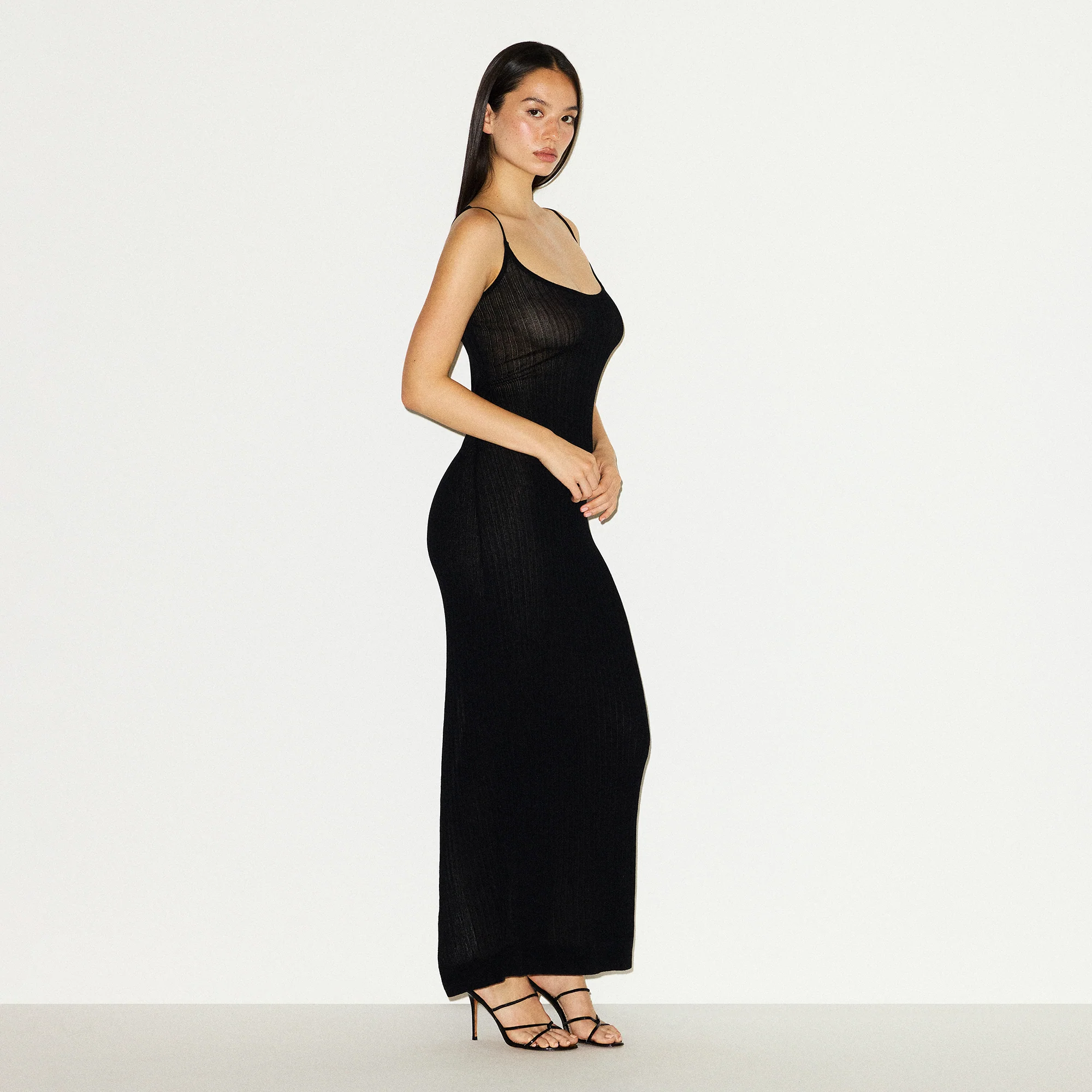 SHEER KNIT LONG CAMI DRESS | ONYX