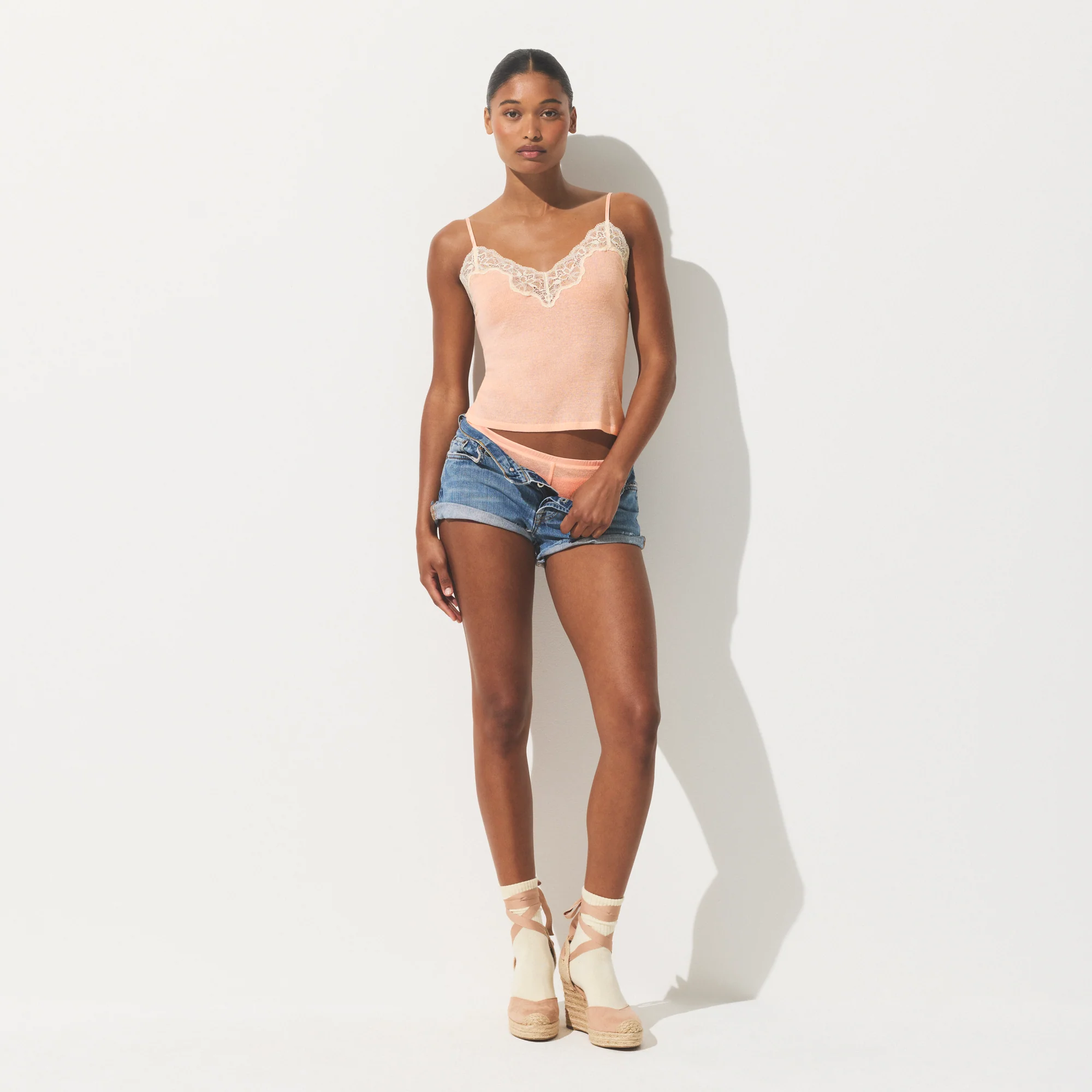 SHEER RIB LACE CAMI AND SHORT SET | VILLA