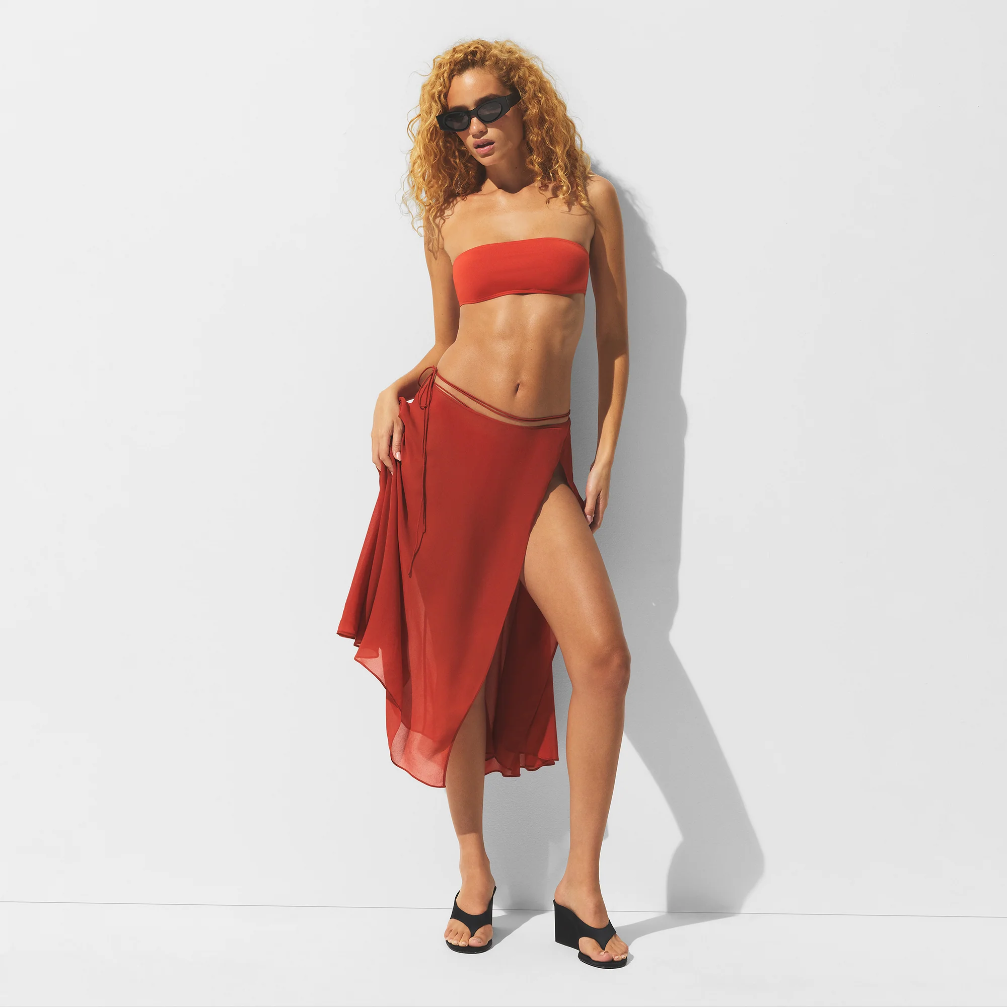 SHEER COVER-UPS TIE SIDE MIDI SKIRT | AUBURN