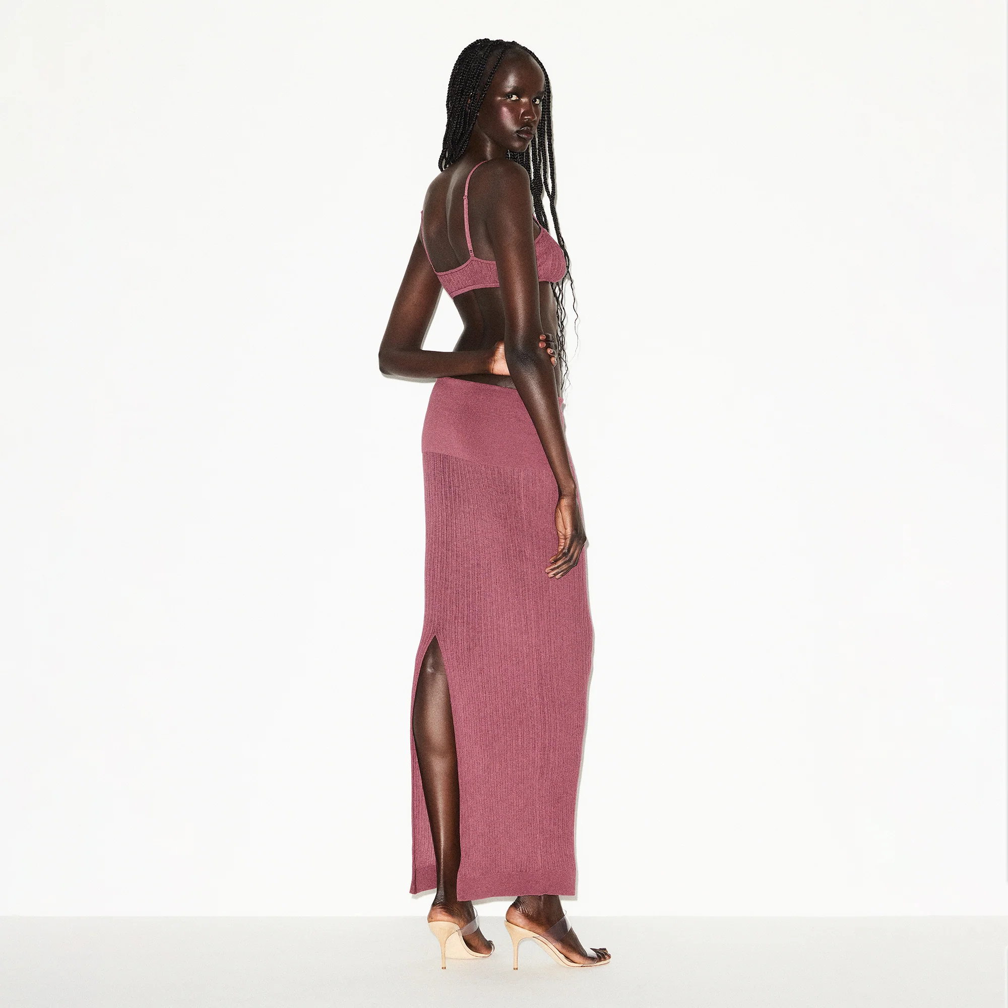 SHEER KNIT FOLDOVER LONG SKIRT | BEET