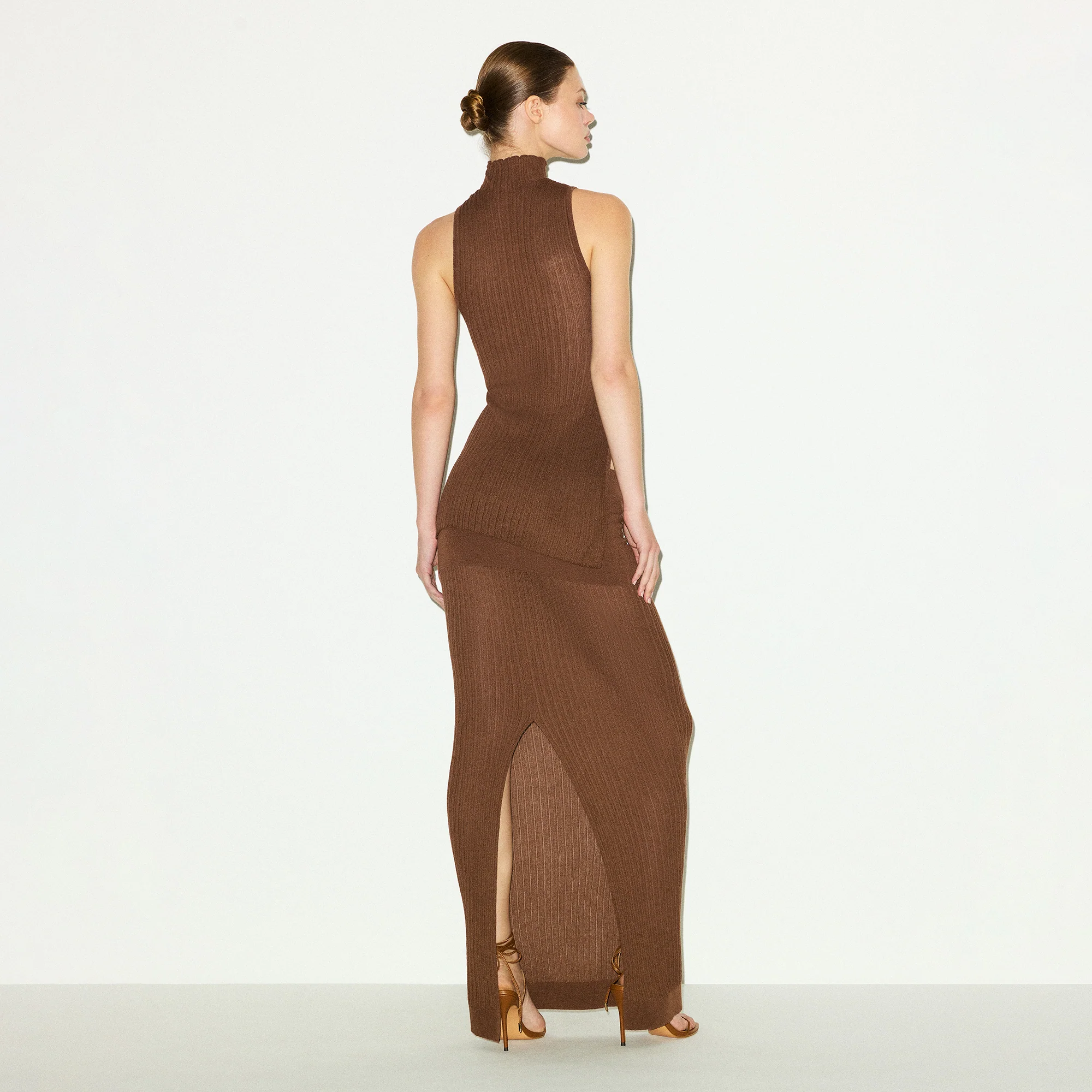 SHEER KNIT FOLDOVER LONG SKIRT | BISON