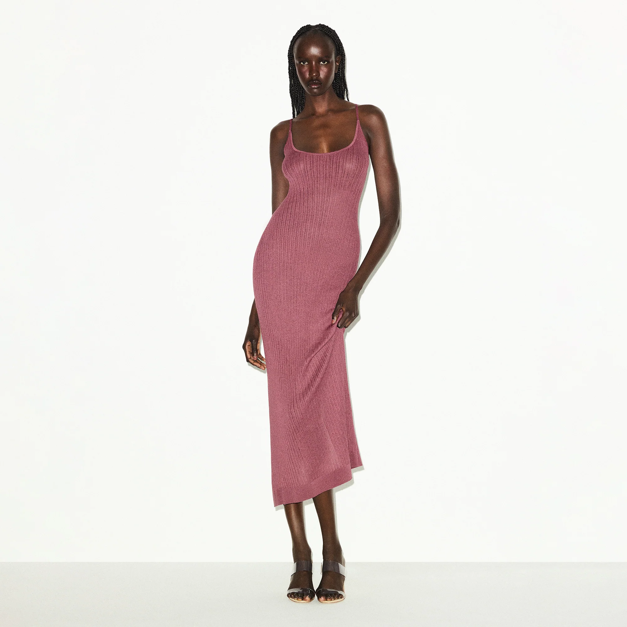 SHEER KNIT LONG CAMI DRESS | BEET