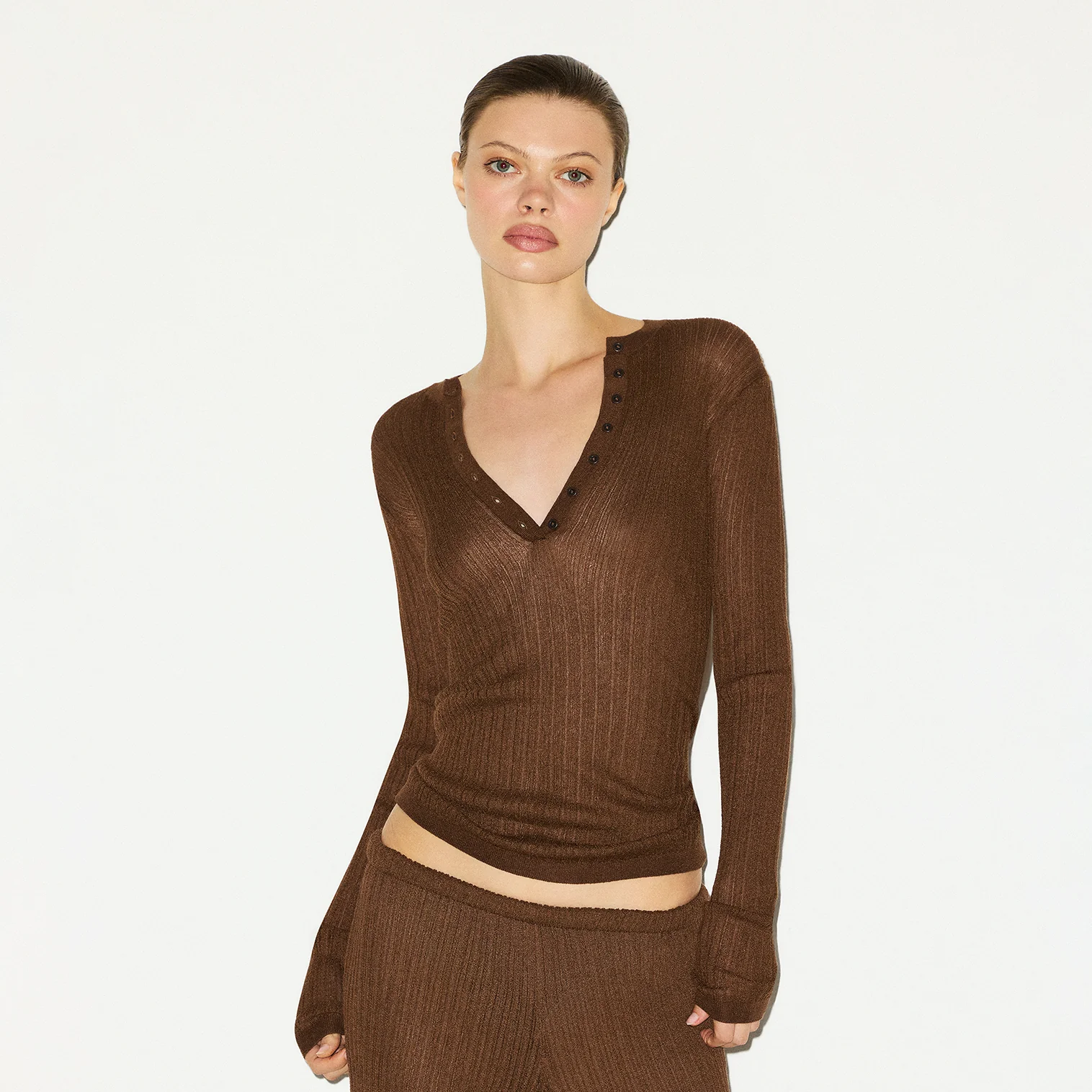 SHEER KNIT LONG SLEEVE HENLEY | BISON