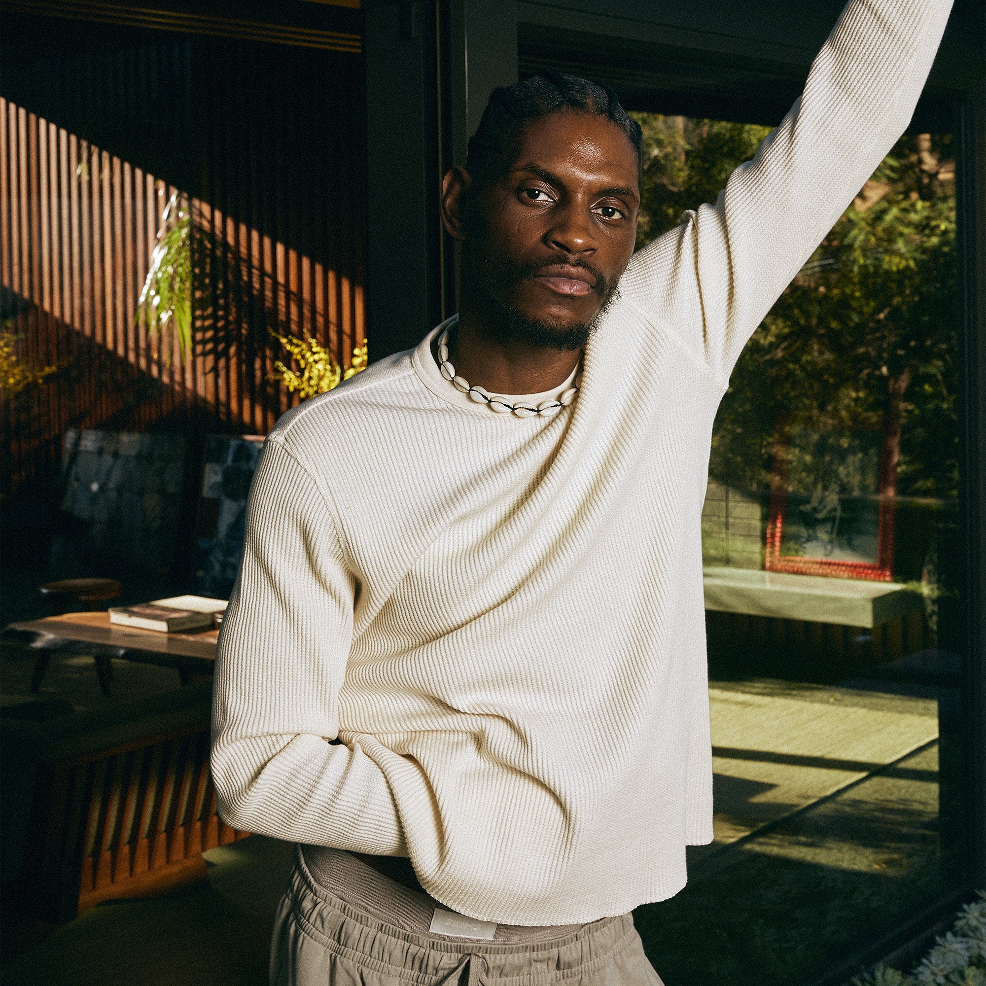 WAFFLE MENS LONG SLEEVE T-SHIRT | ECRU