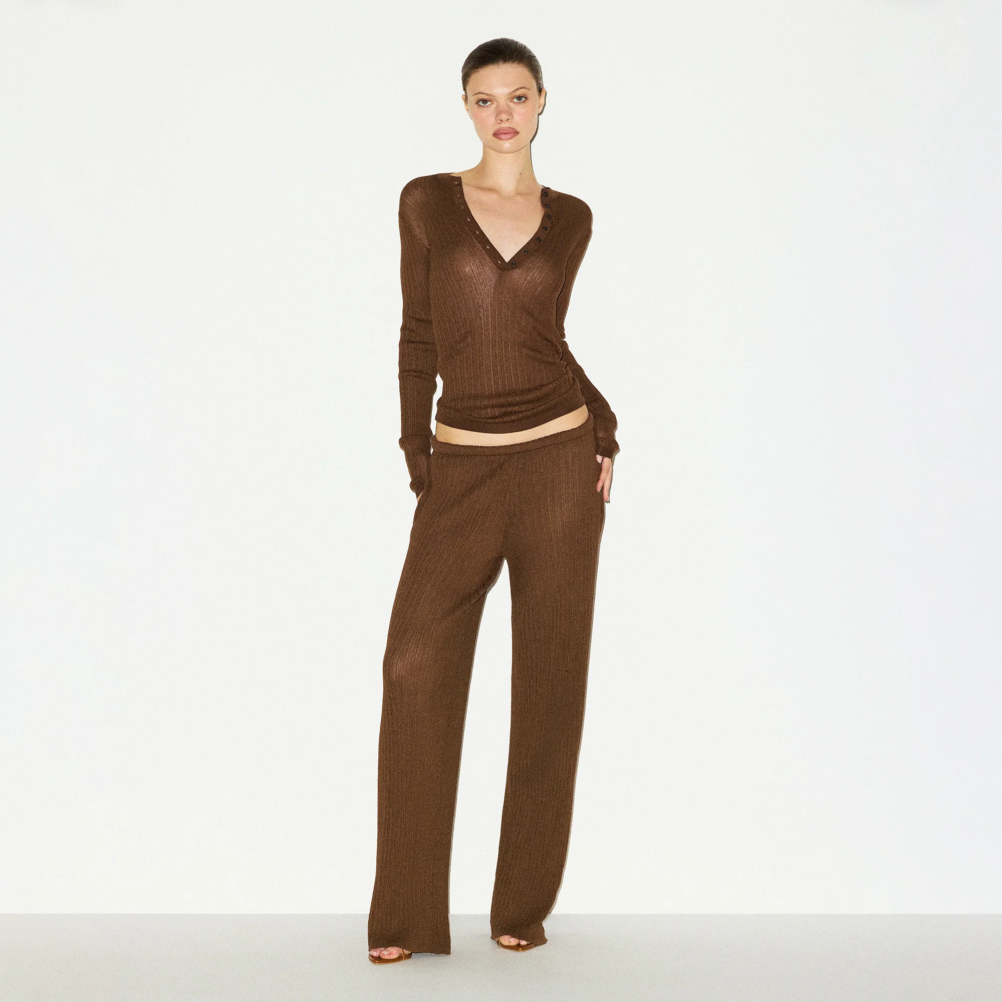 SHEER KNIT LONG SLEEVE HENLEY | BISON